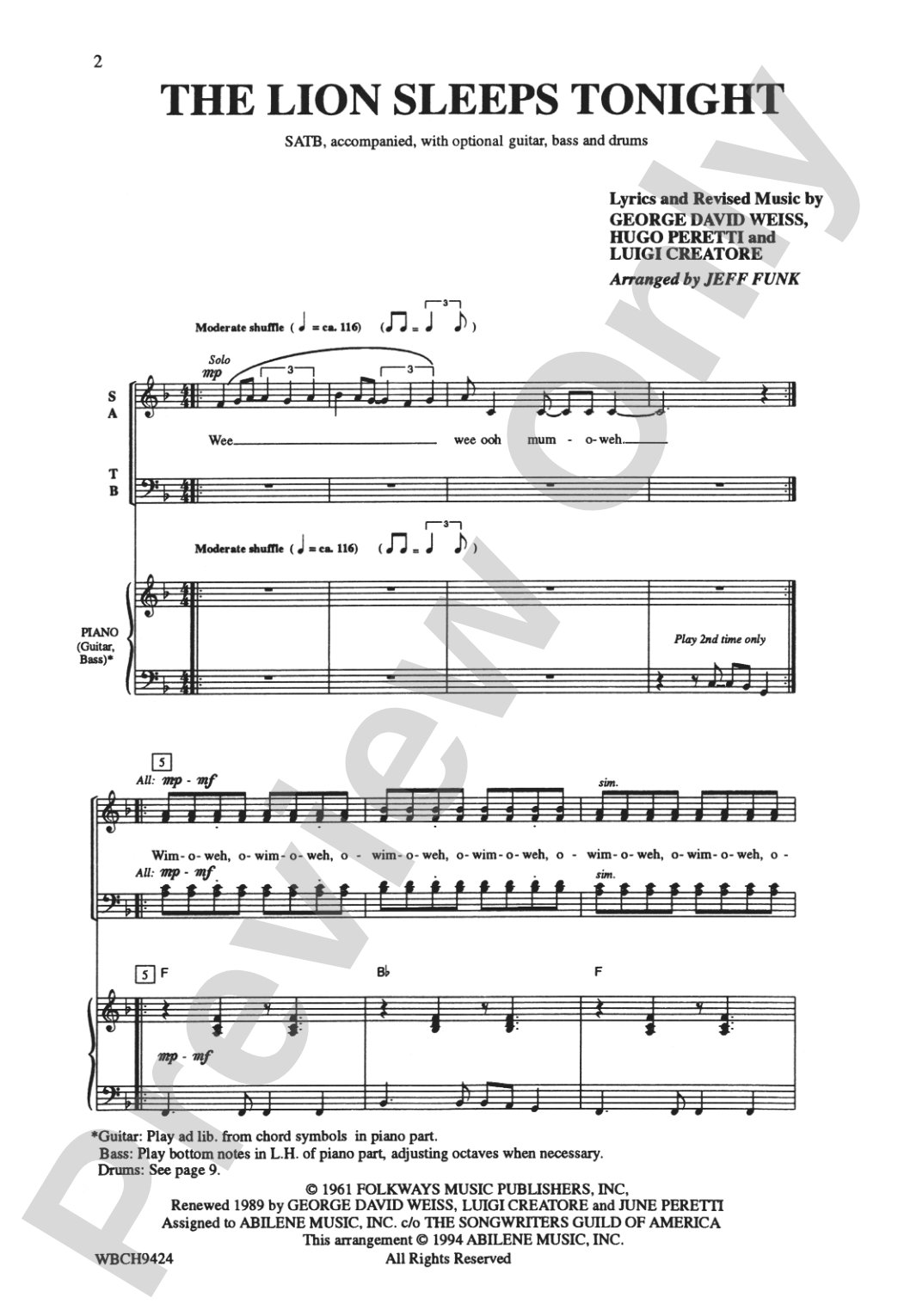 The Lion Sleeps Tonight: SATB Choral Octavo