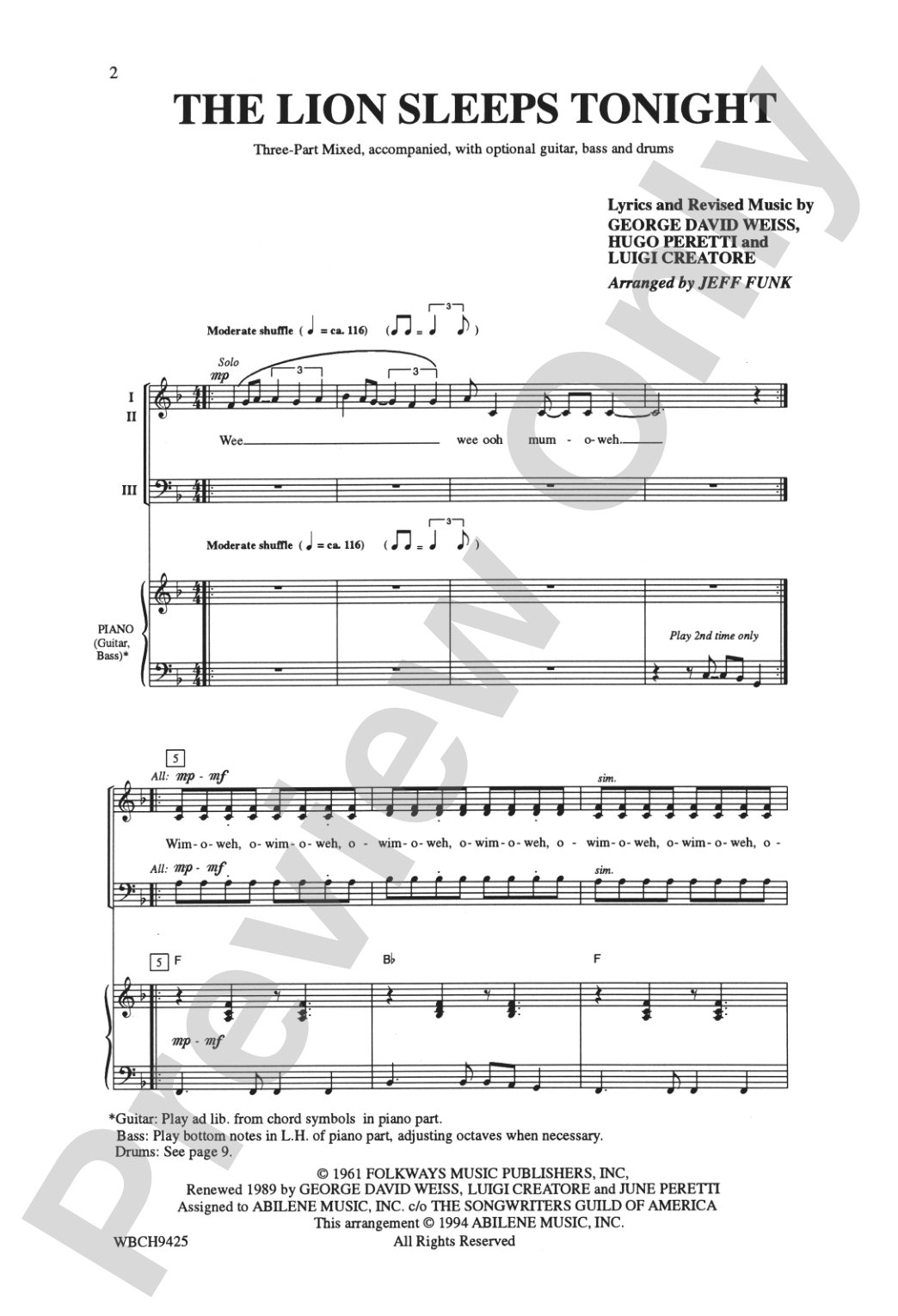 The Lion Sleeps Tonight: 3-Part Mixed Choral Octavo