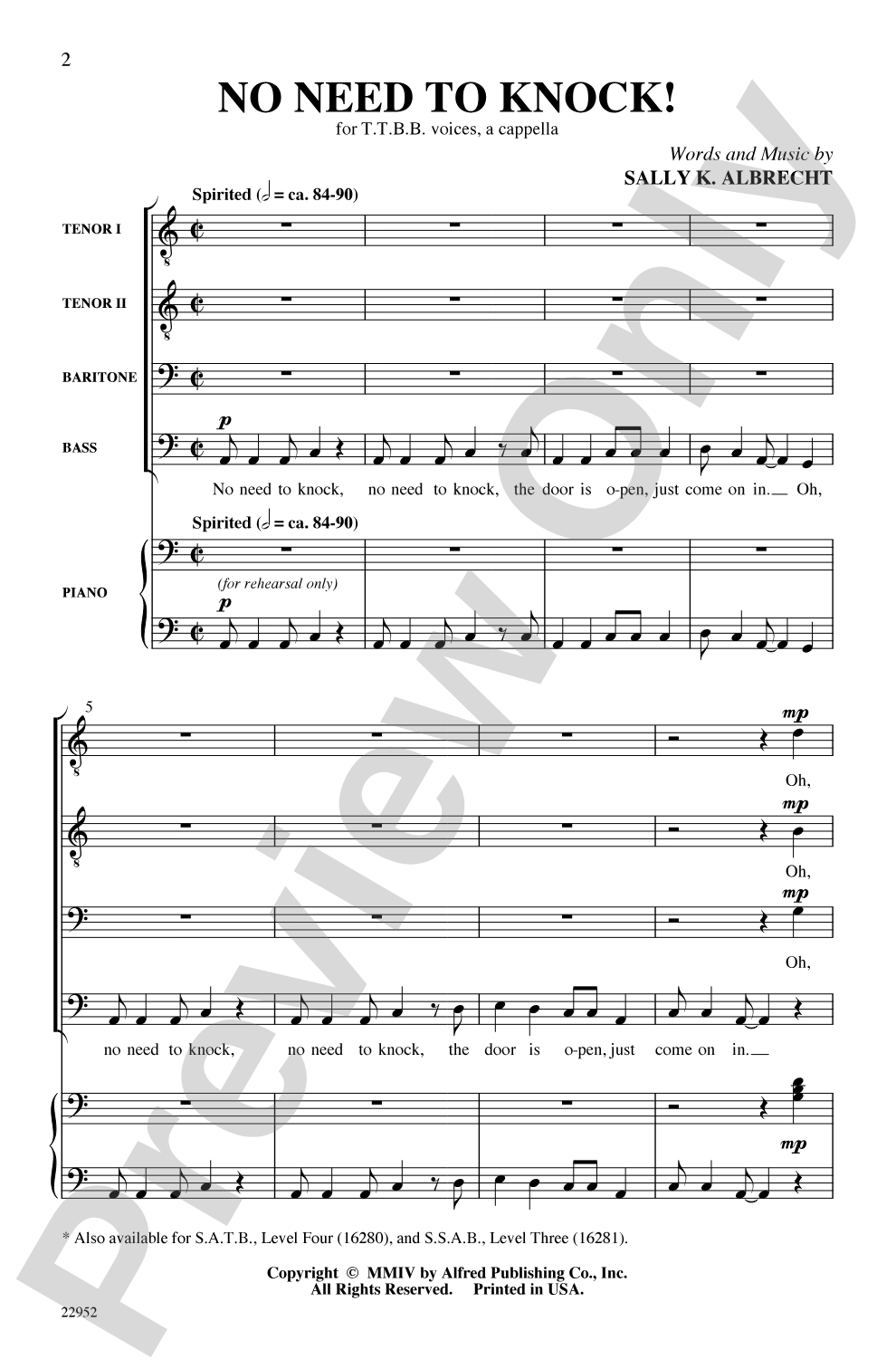 No Need to Knock!: TTBB, <I>a cappella</I> Choral Octavo