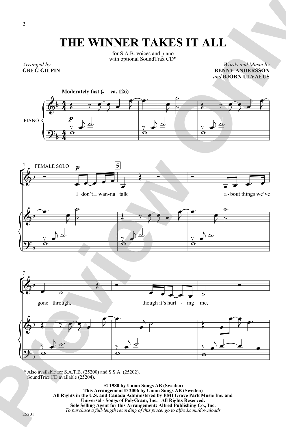 The Winner Takes It All: SAB Choral Octavo