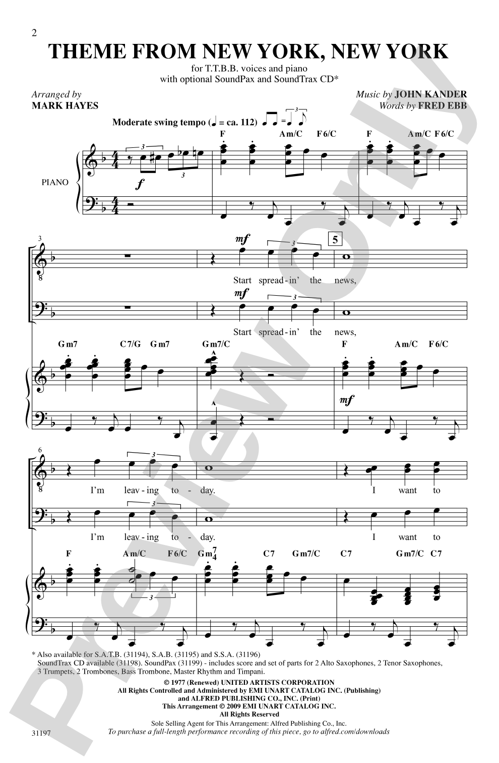 Theme from <i>New York, New York</i>: TTBB Choral Octavo