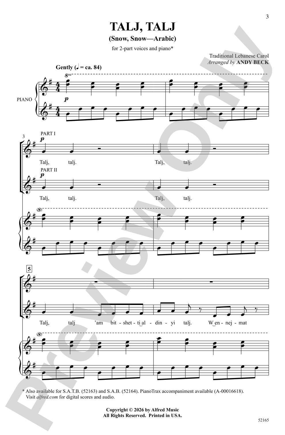 Talj, Talj: 2-Part Choral Octavo