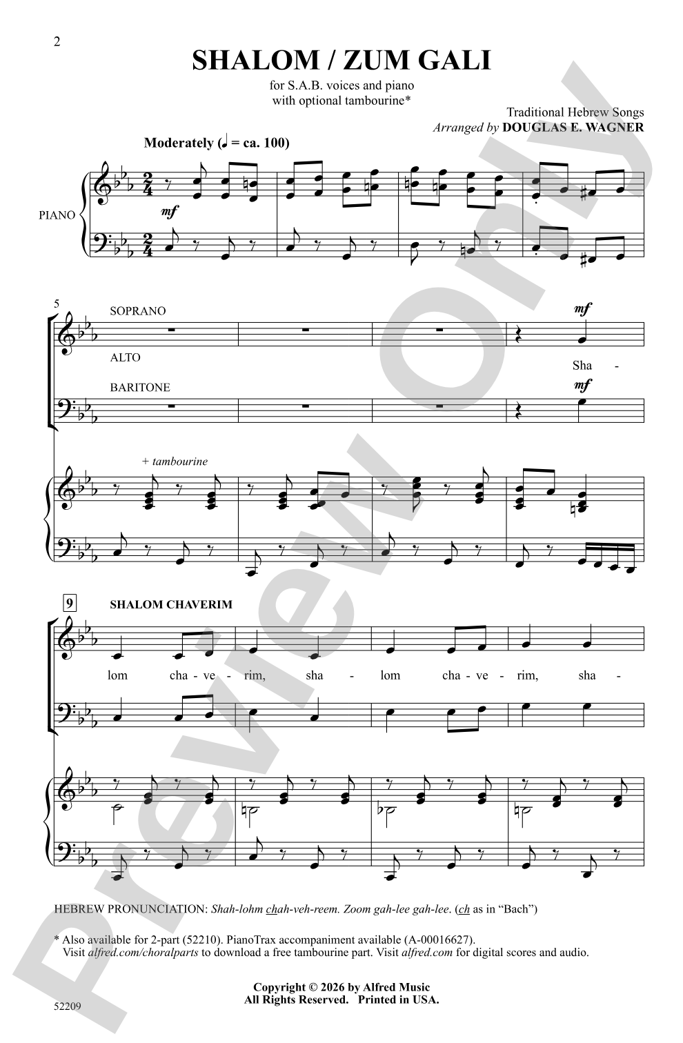 Shalom / Zum Gali: SAB Choral Octavo