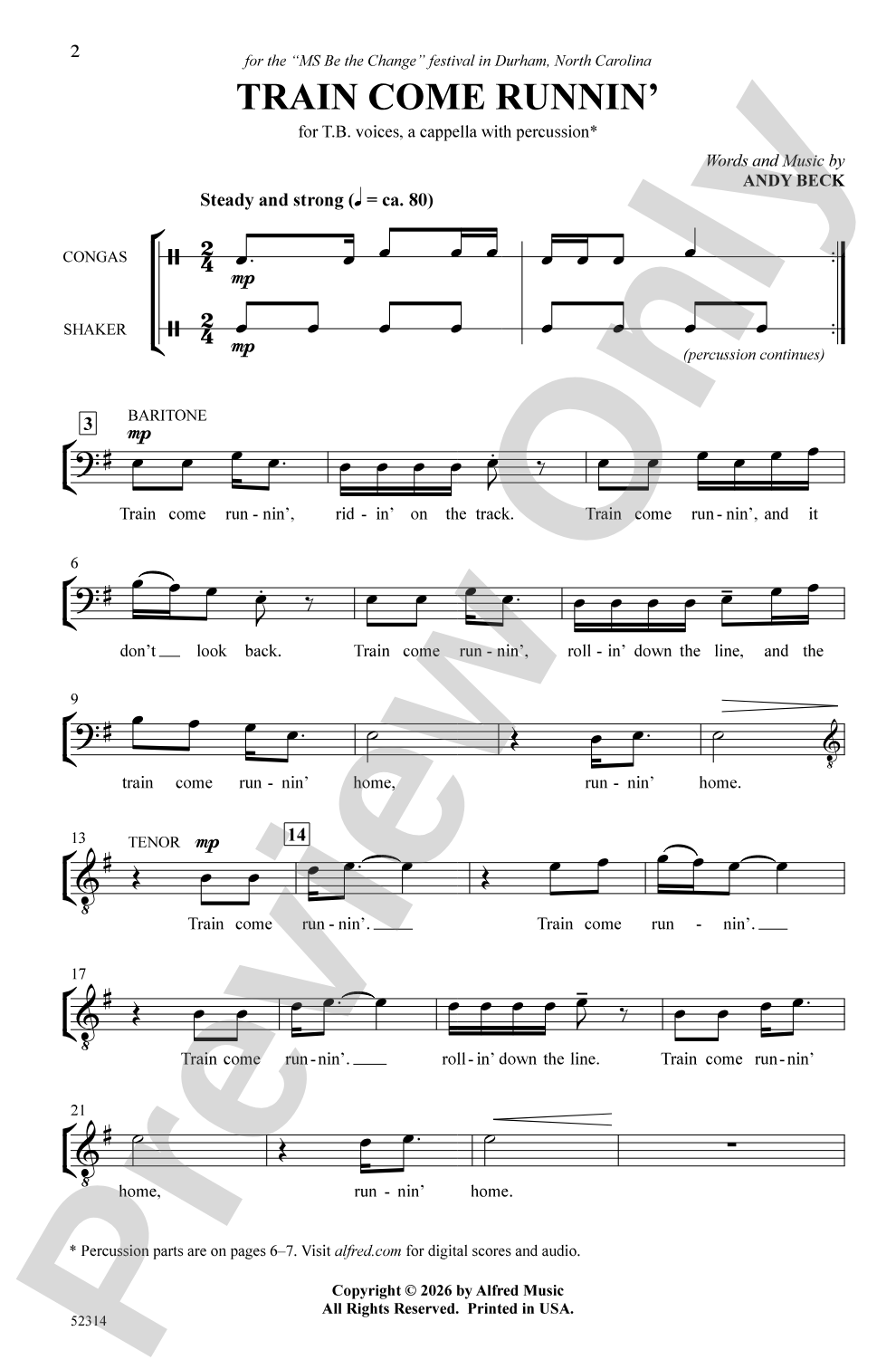 Train Come Runnin': TB <i>a cappella</i> Choral Octavo