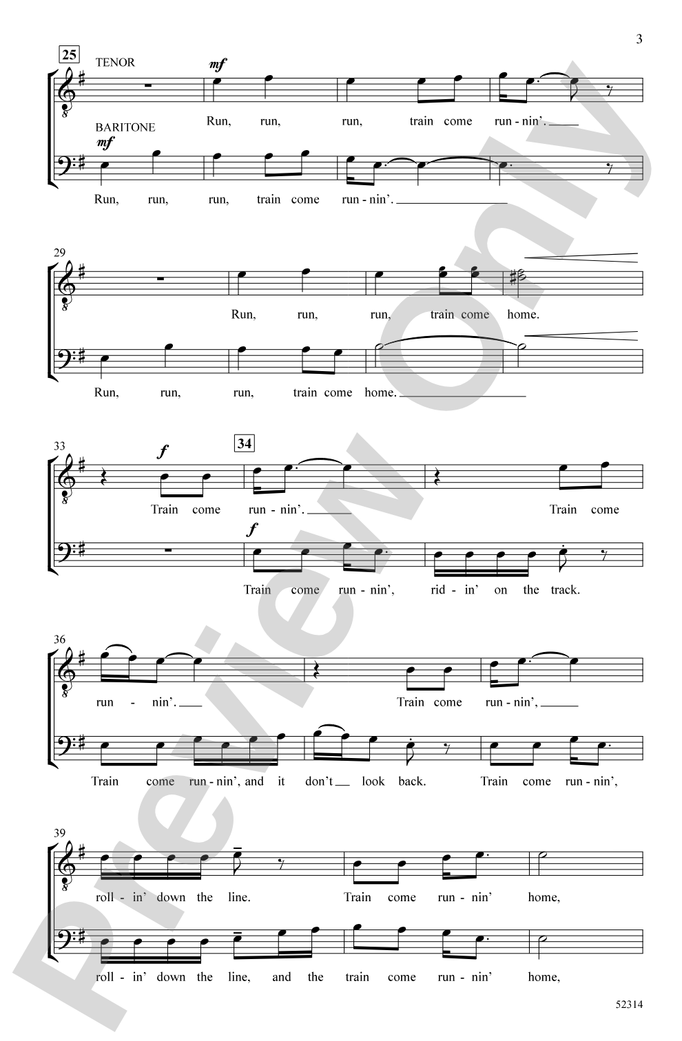 Train Come Runnin': TB <i>a cappella</i> Choral Octavo