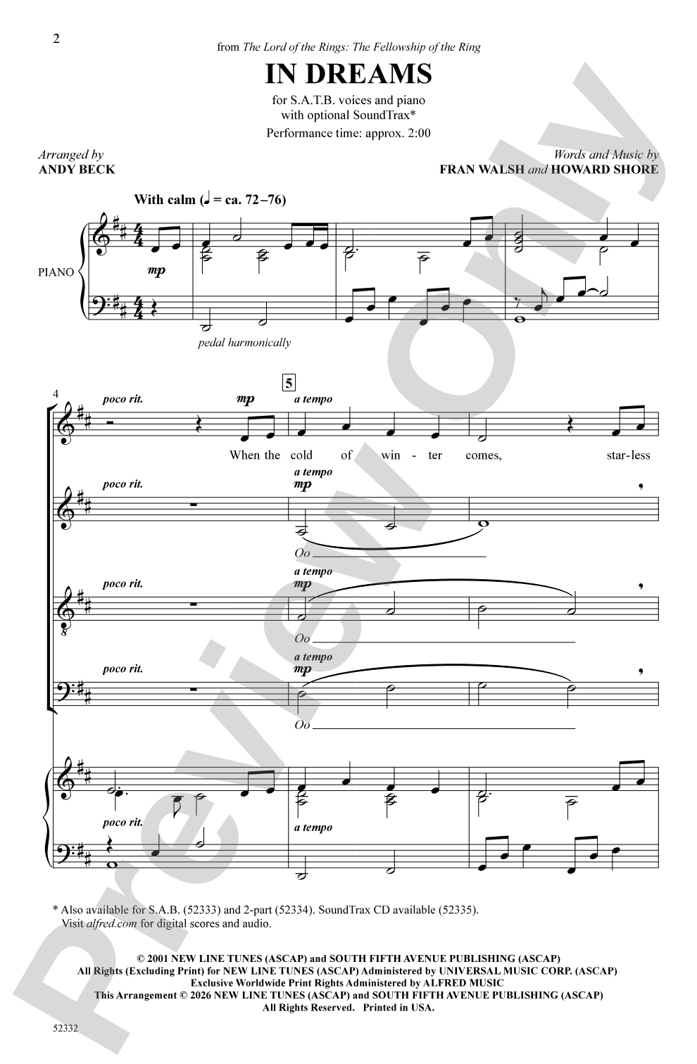 In Dreams: SATB Choral Octavo