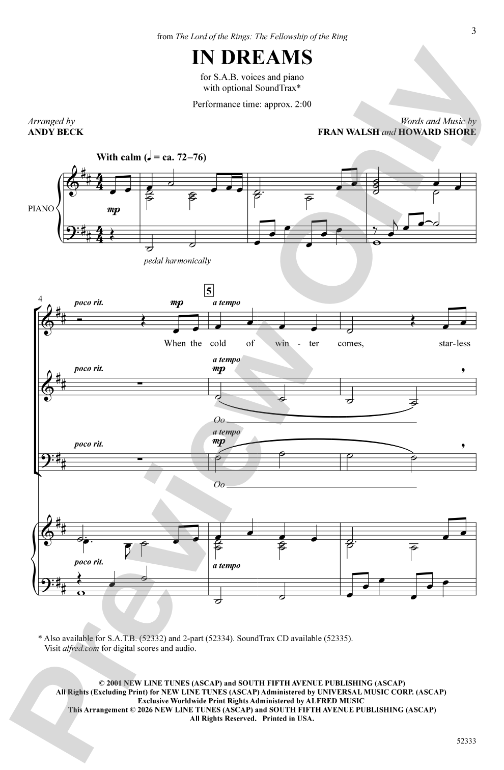 In Dreams: SAB Choral Octavo