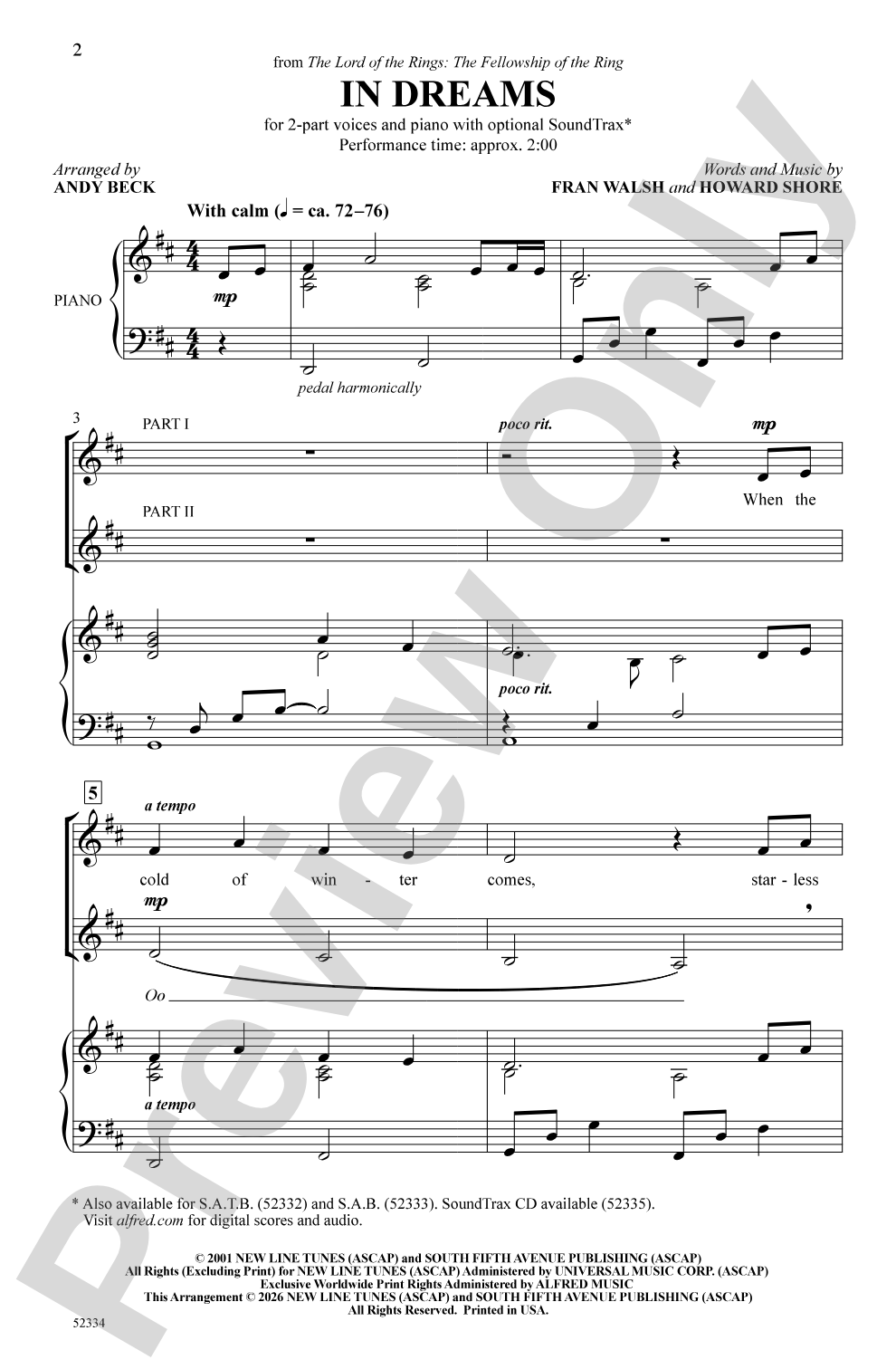 In Dreams: 2-Part Choral Octavo
