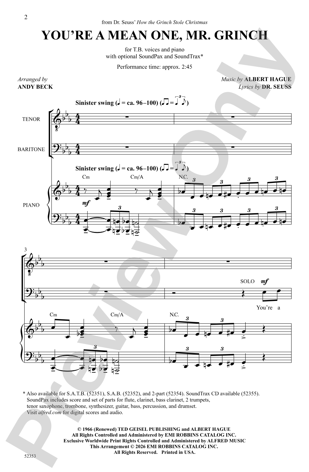 You're a Mean One, Mr. Grinch: TB Choral Octavo