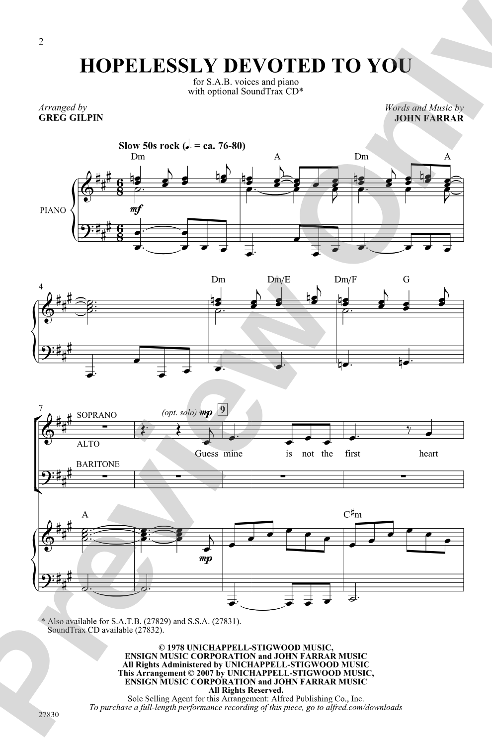 Hopelessly Devoted to You: SAB Choral Octavo