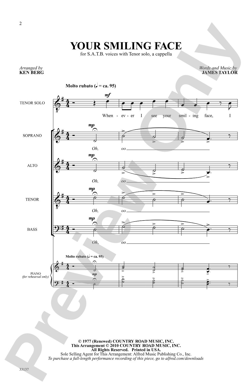 Your Smiling Face: SATB, <i>a cappella</i> Choral Octavo