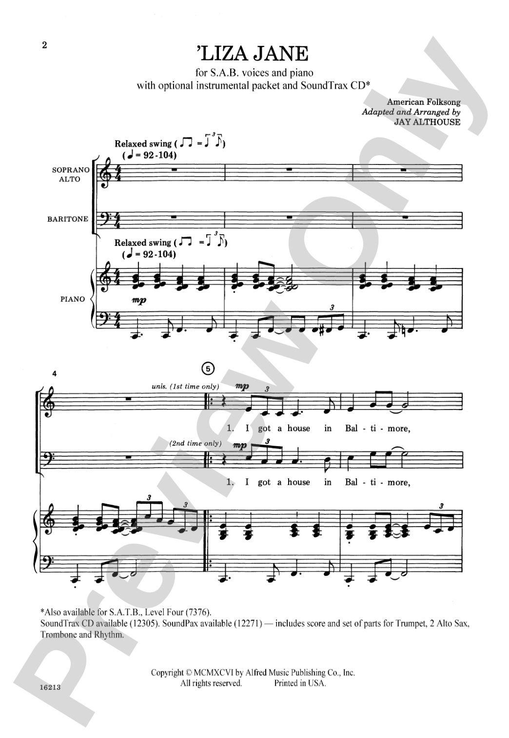 'Liza Jane: SAB Choral Octavo