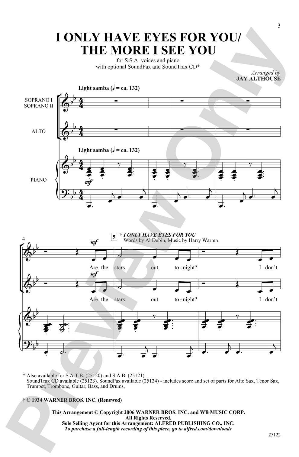I Only Have Eyes for You / The More I See You: SSA Choral Octavo