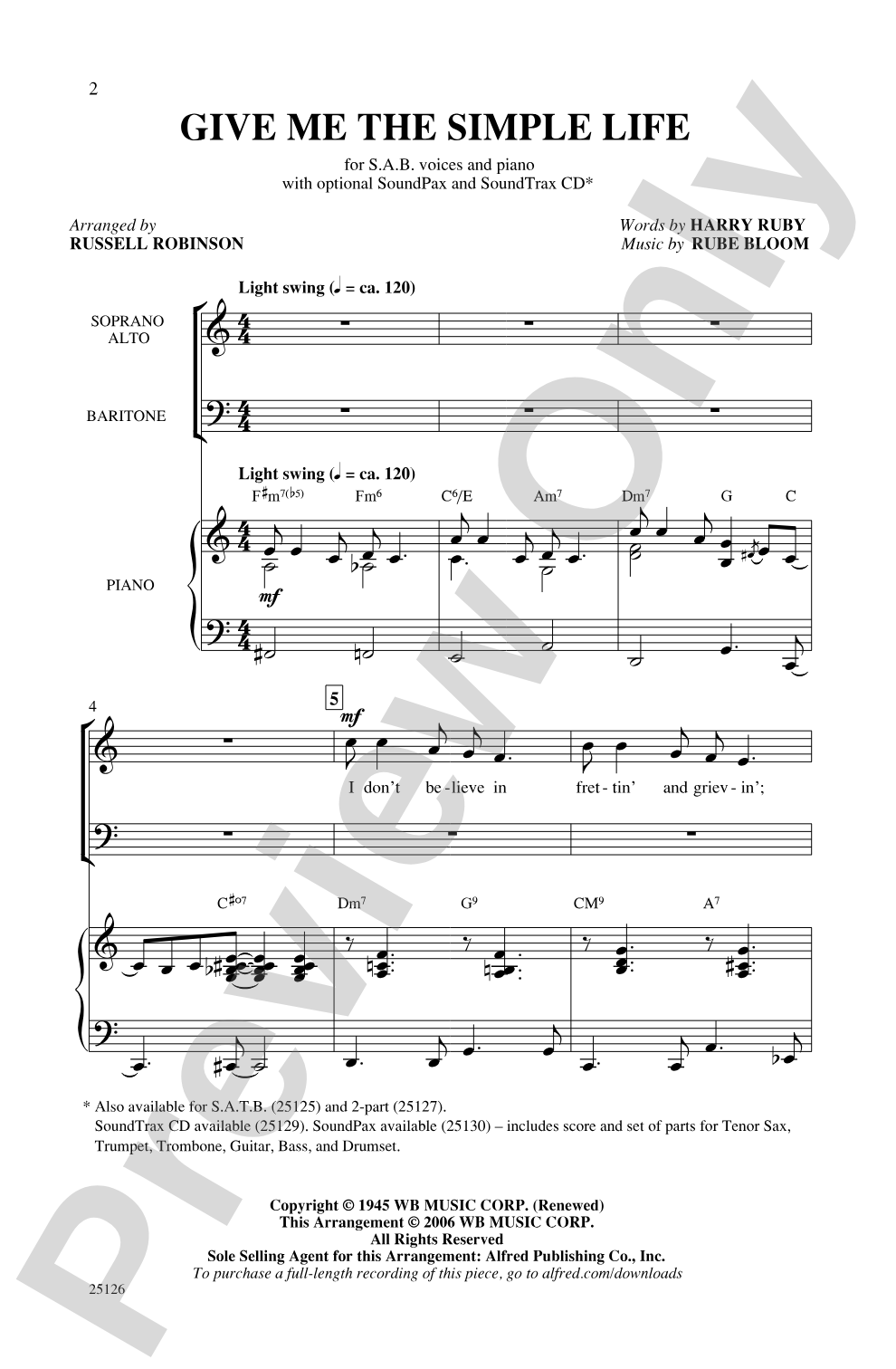 Give Me the Simple Life: SAB Choral Octavo