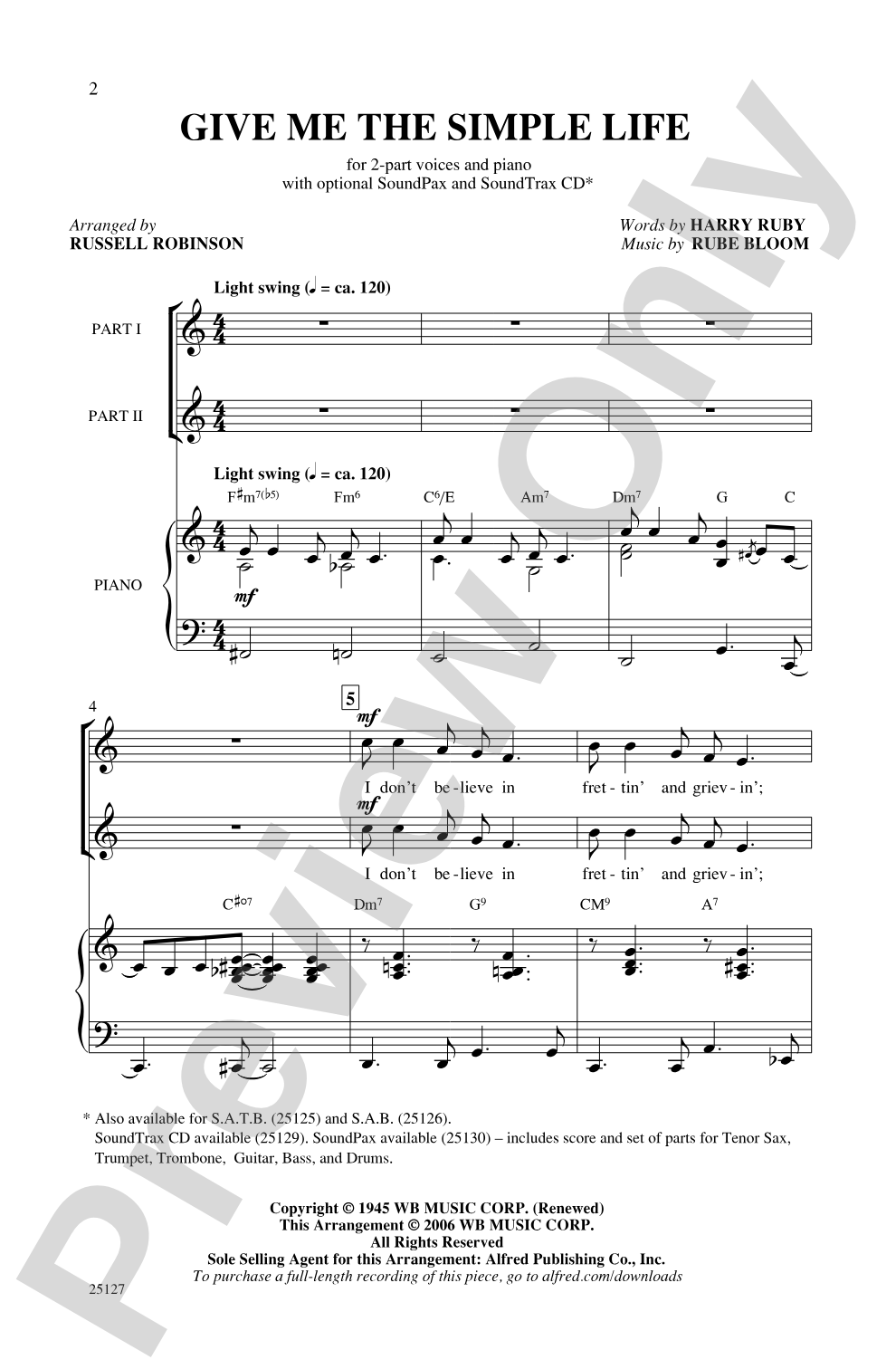 Give Me the Simple Life: 2-Part Choral Octavo