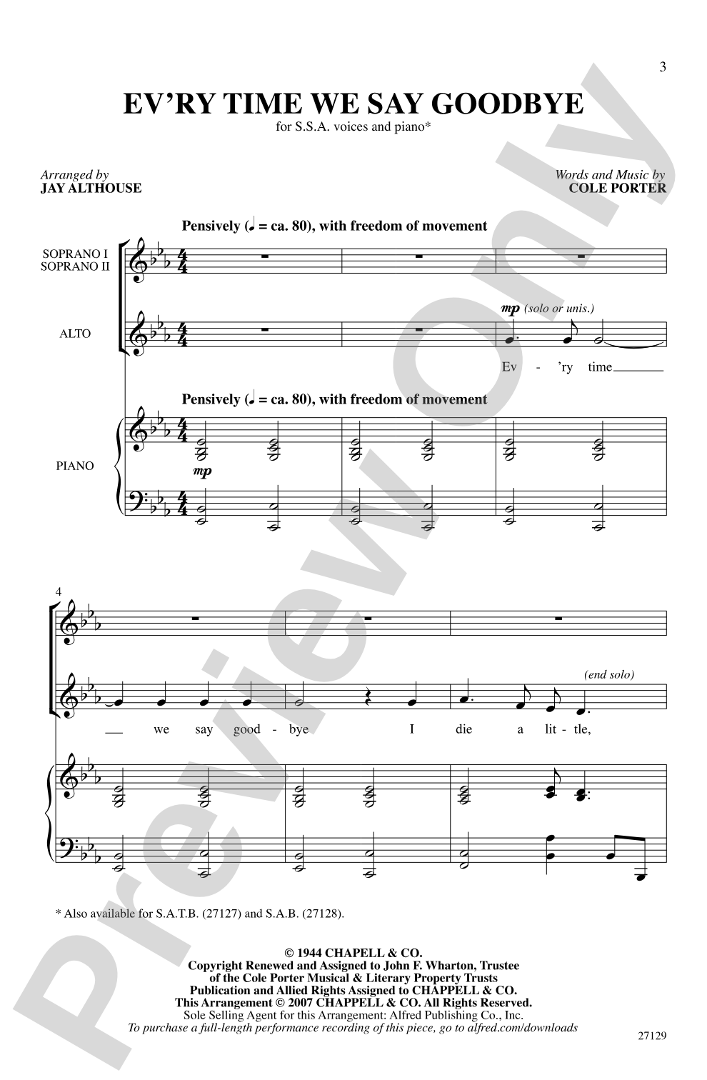 Ev'ry Time We Say Goodbye: SSA Choral Octavo