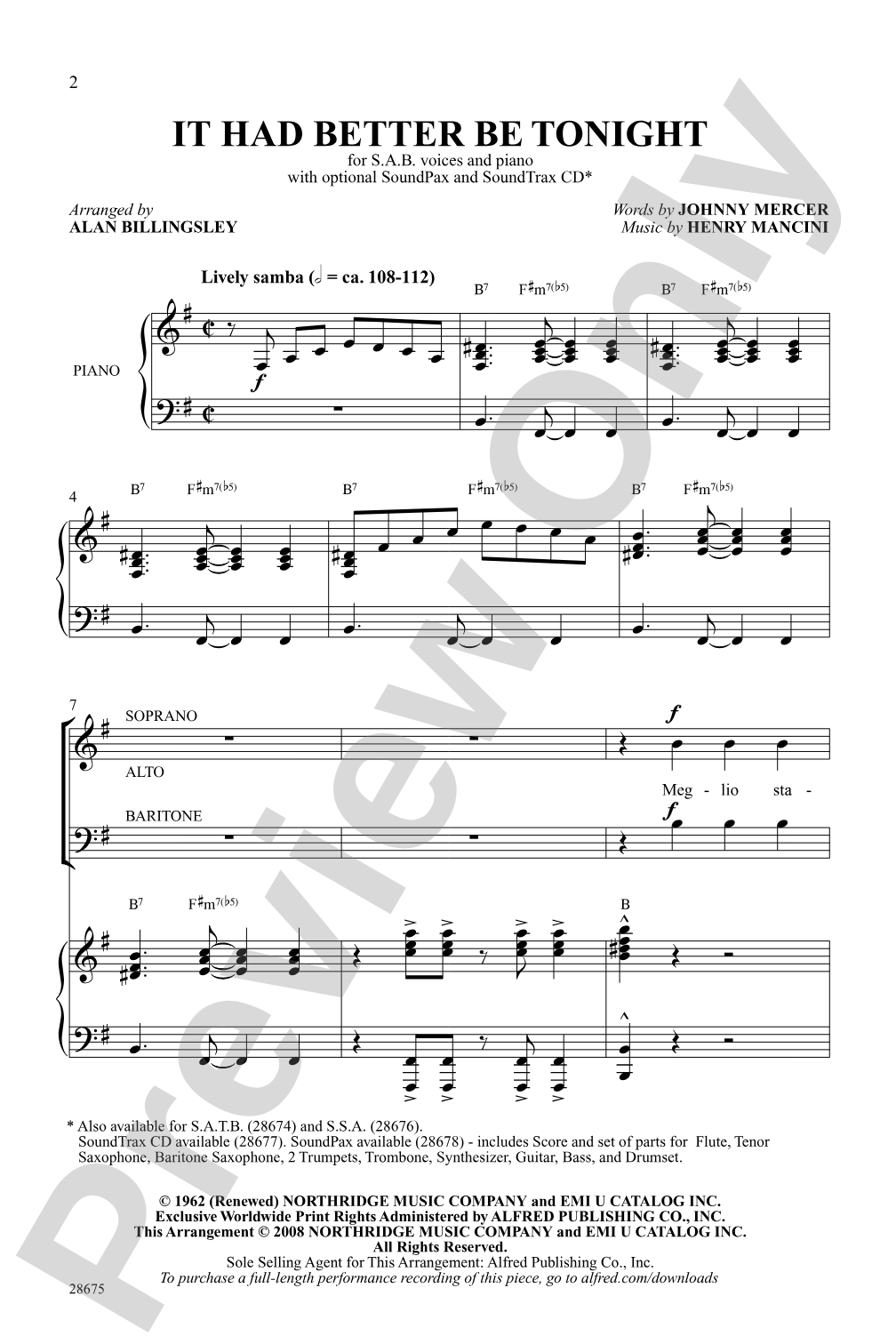 It Had Better Be Tonight: SAB Choral Octavo