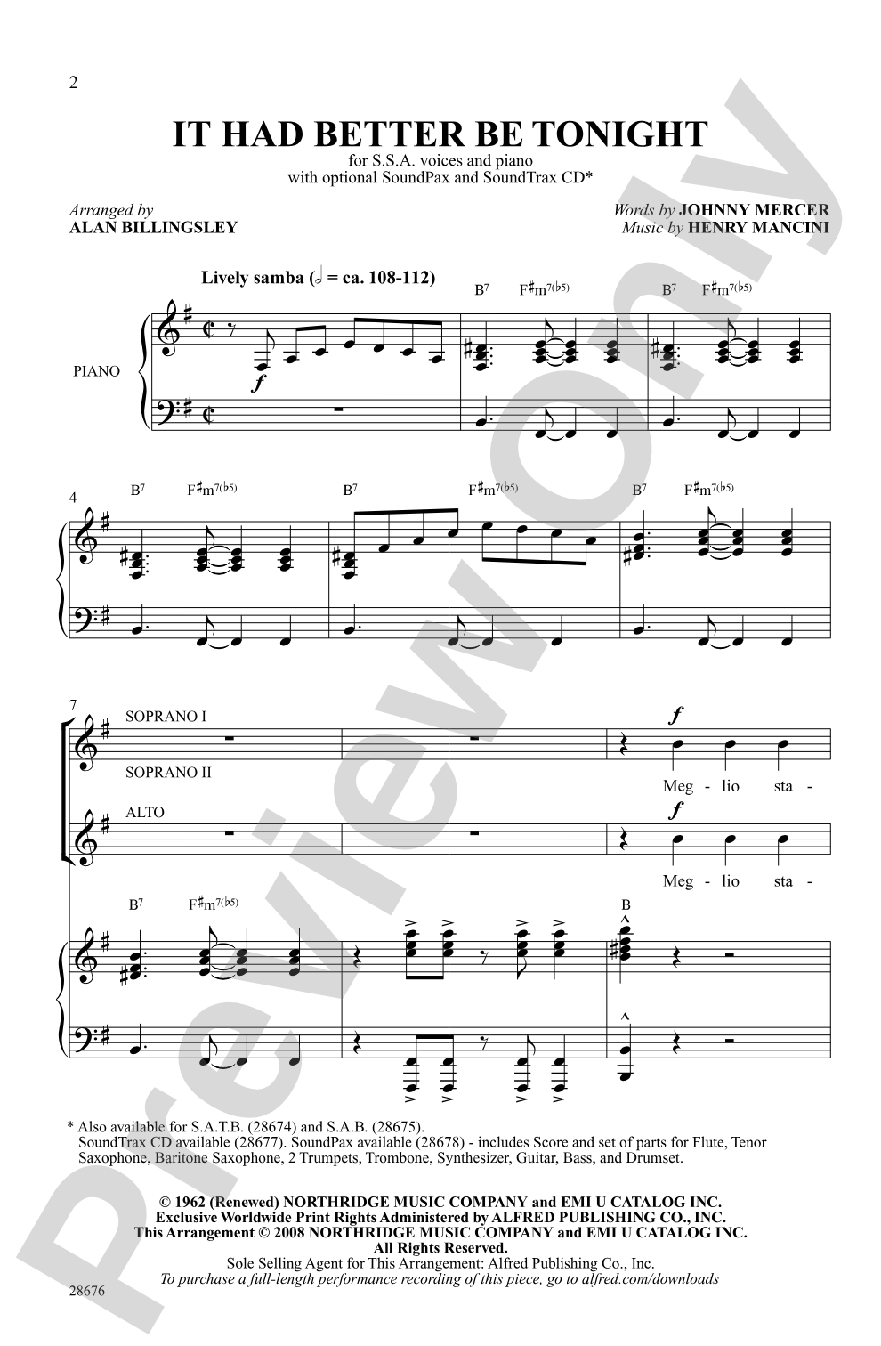 It Had Better Be Tonight: SSA Choral Octavo