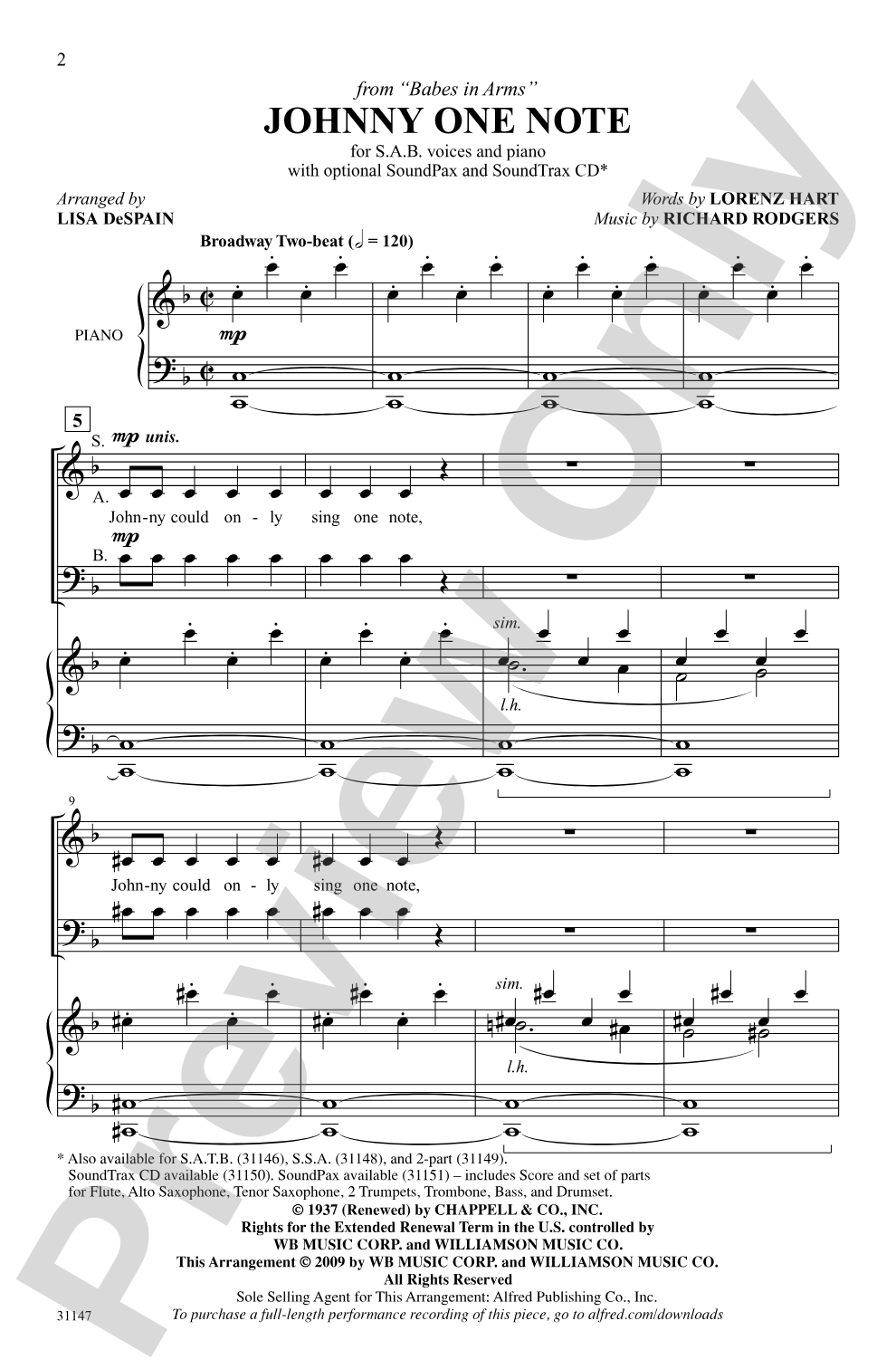 Johnny One Note: SAB Choral Octavo