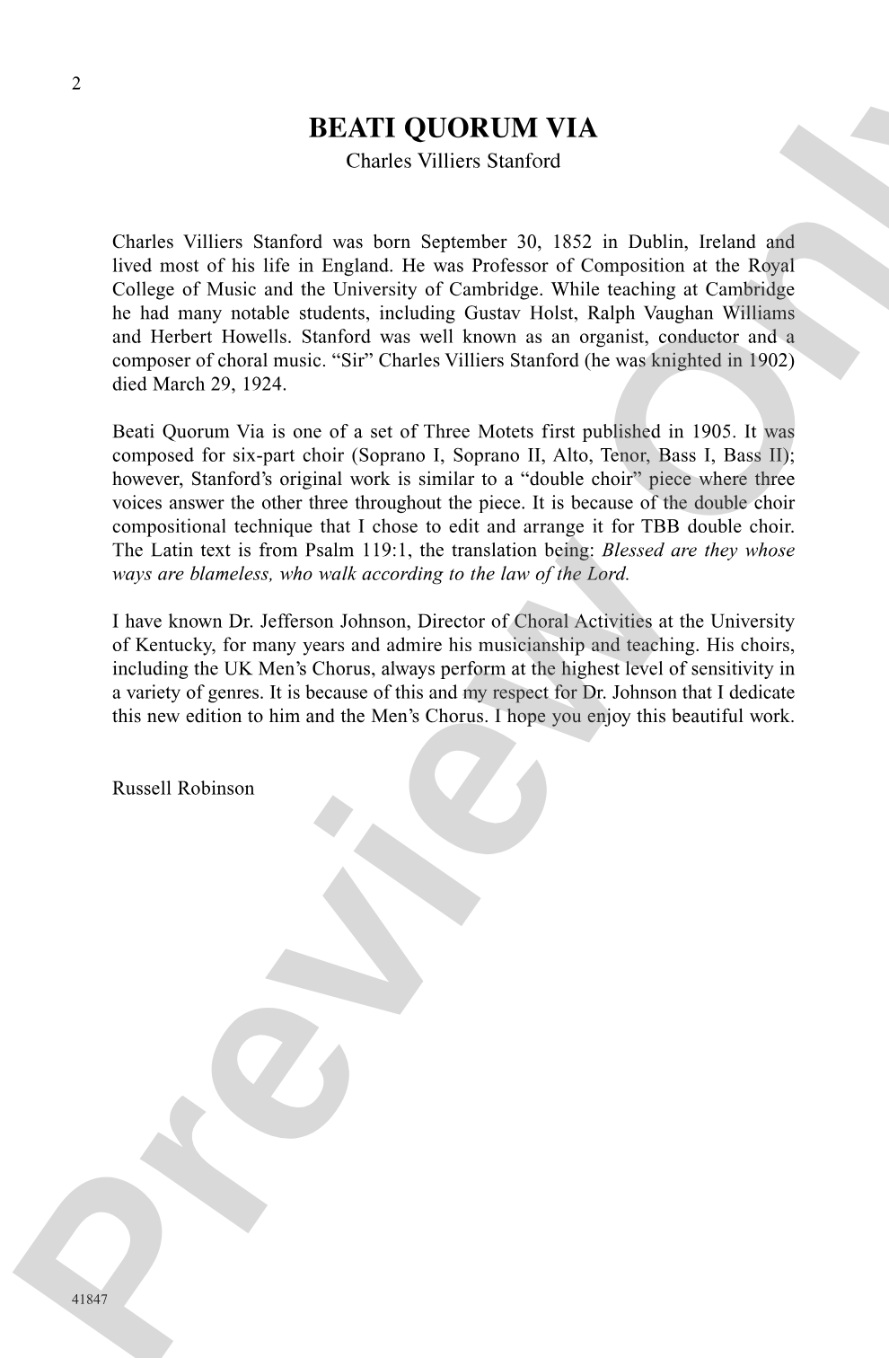 Beati Quorum Via: TBB (Double Choir), <i>a cappella</i> Choral Octavo