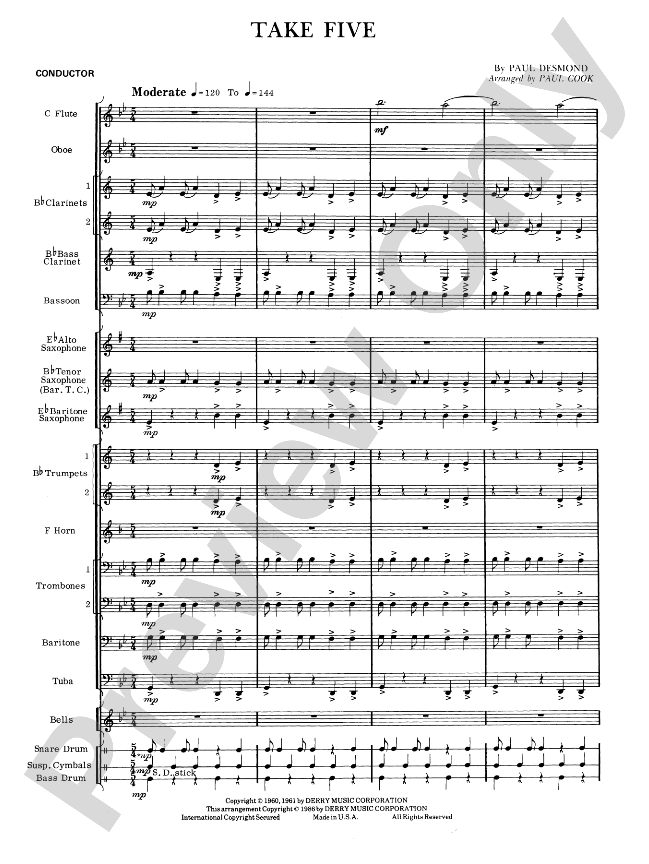 Take Five: Concert Band Conductor Score & Parts