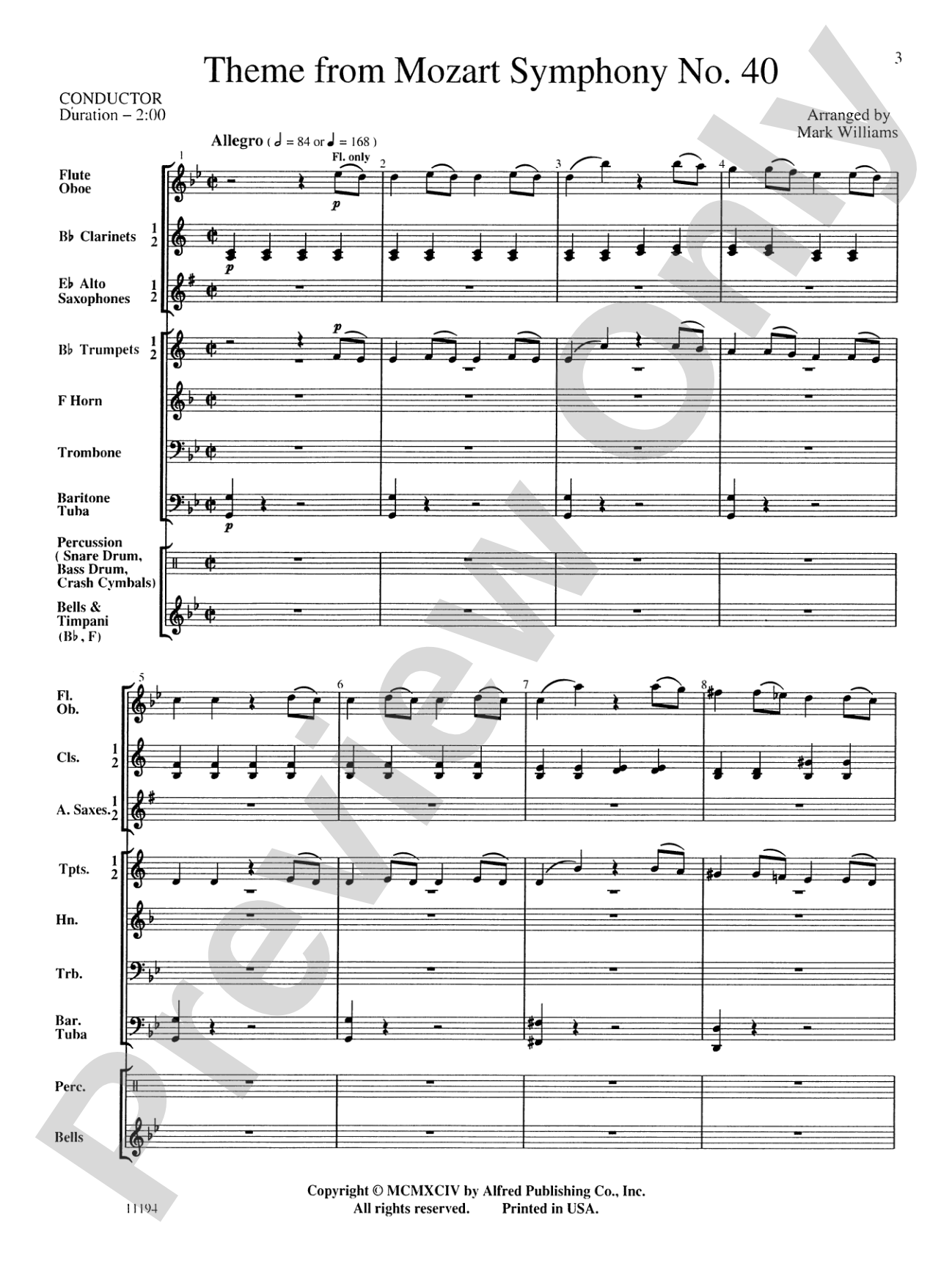 Theme from Mozart Symphony No. 40: Concert Band Conductor Score & Parts