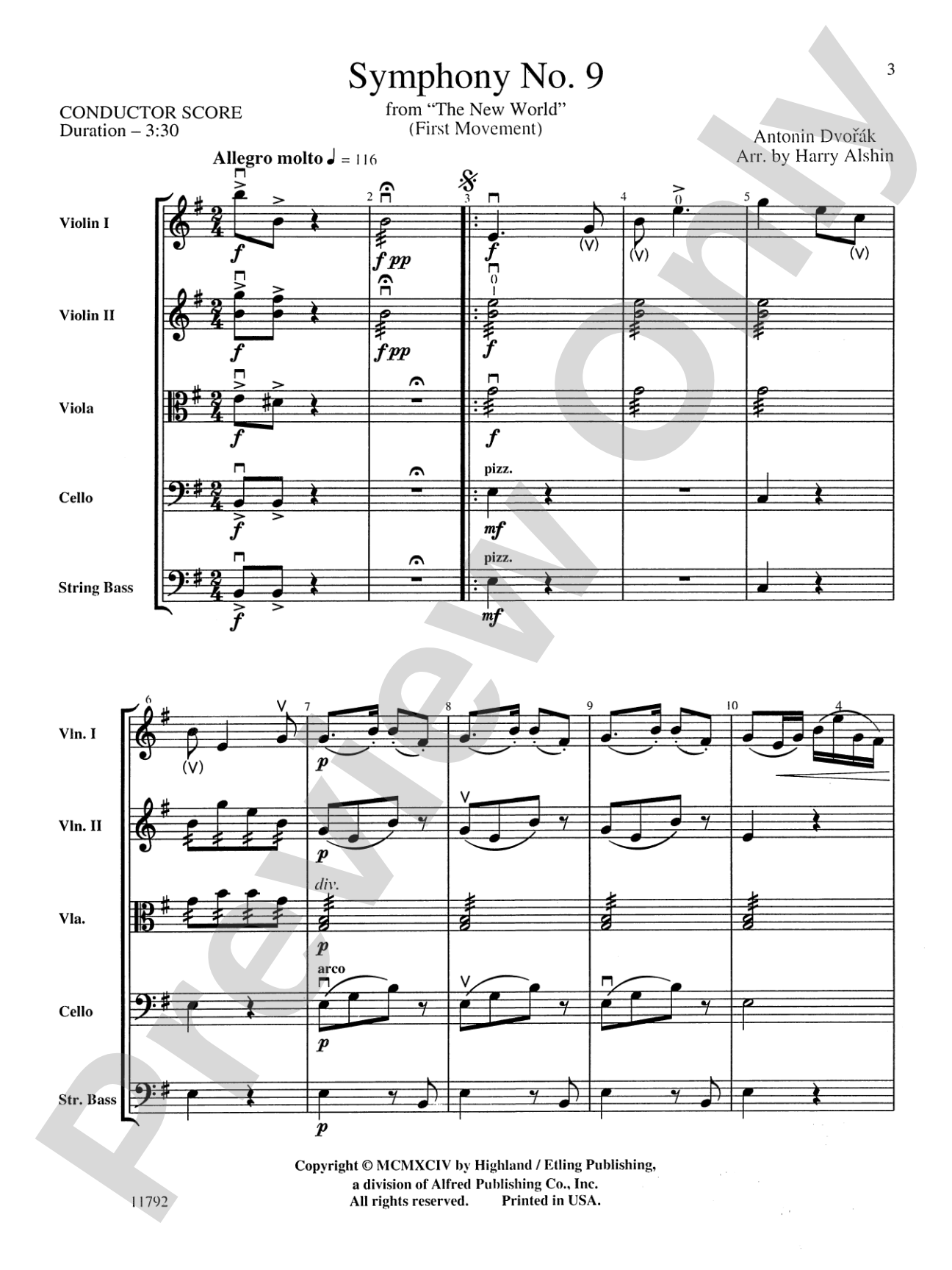 New World Symphony: String Orchestra Conductor Score & Parts