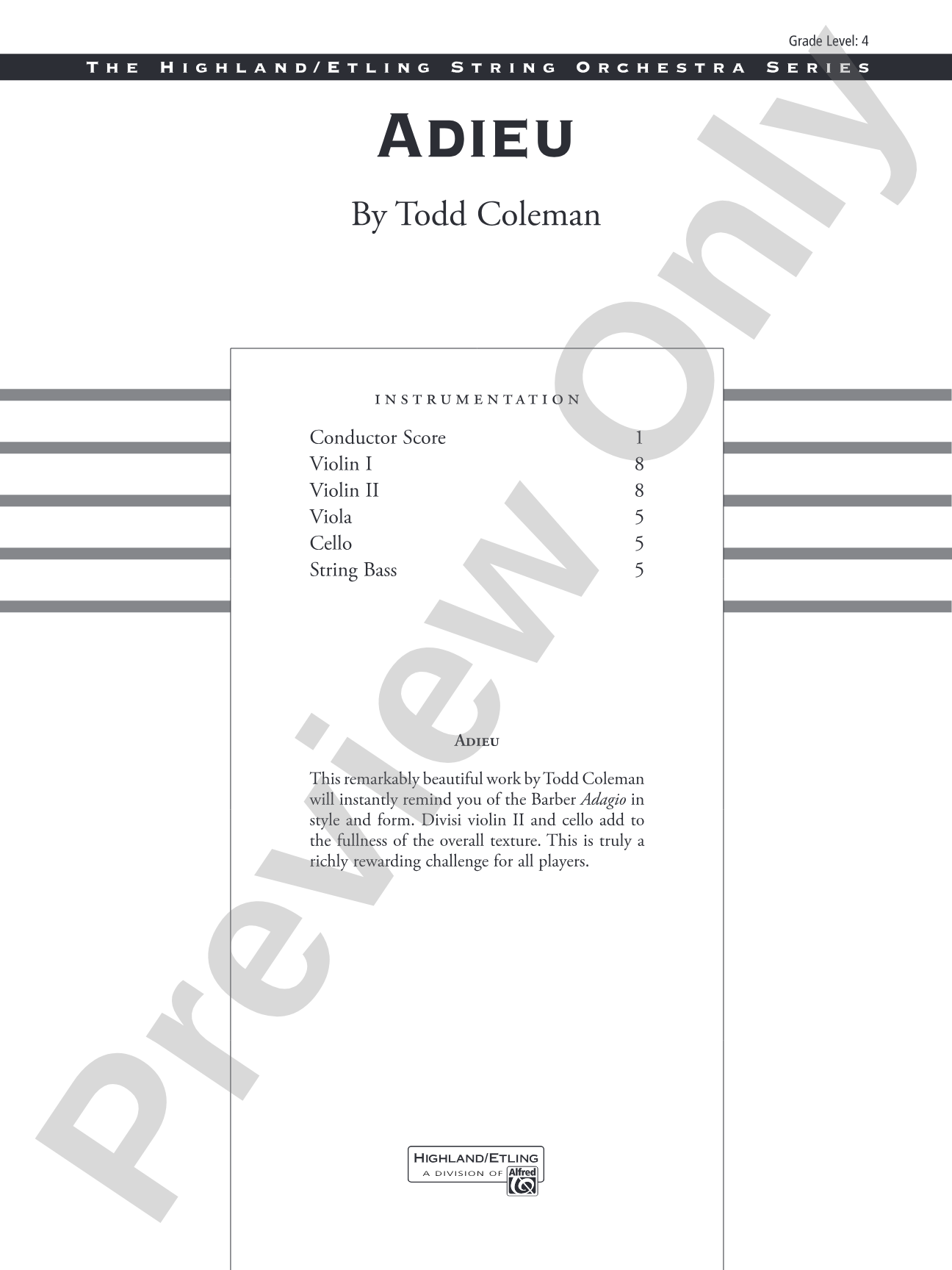 Adieu: String Orchestra Conductor Score & Parts