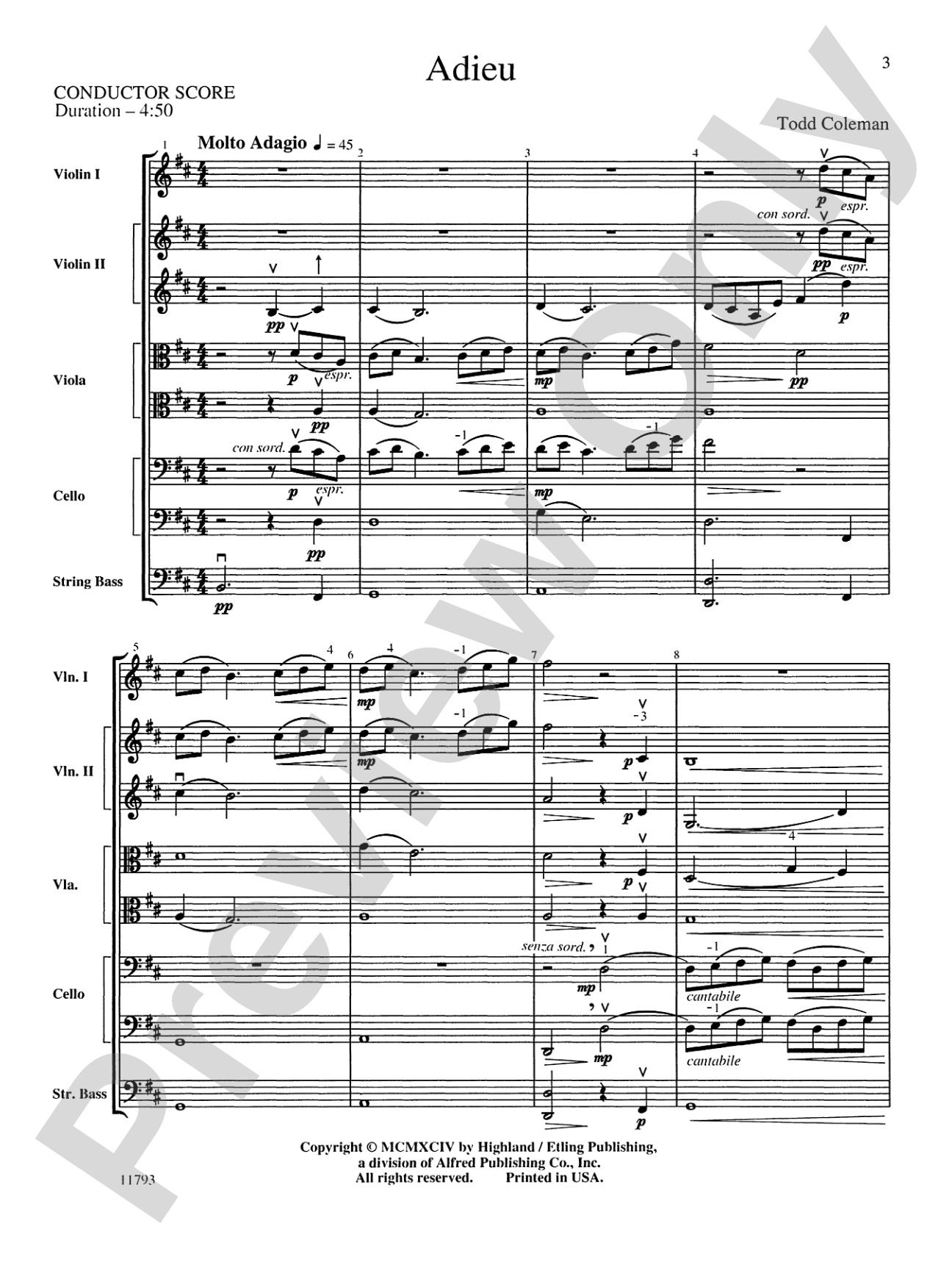 Adieu: String Orchestra Conductor Score & Parts