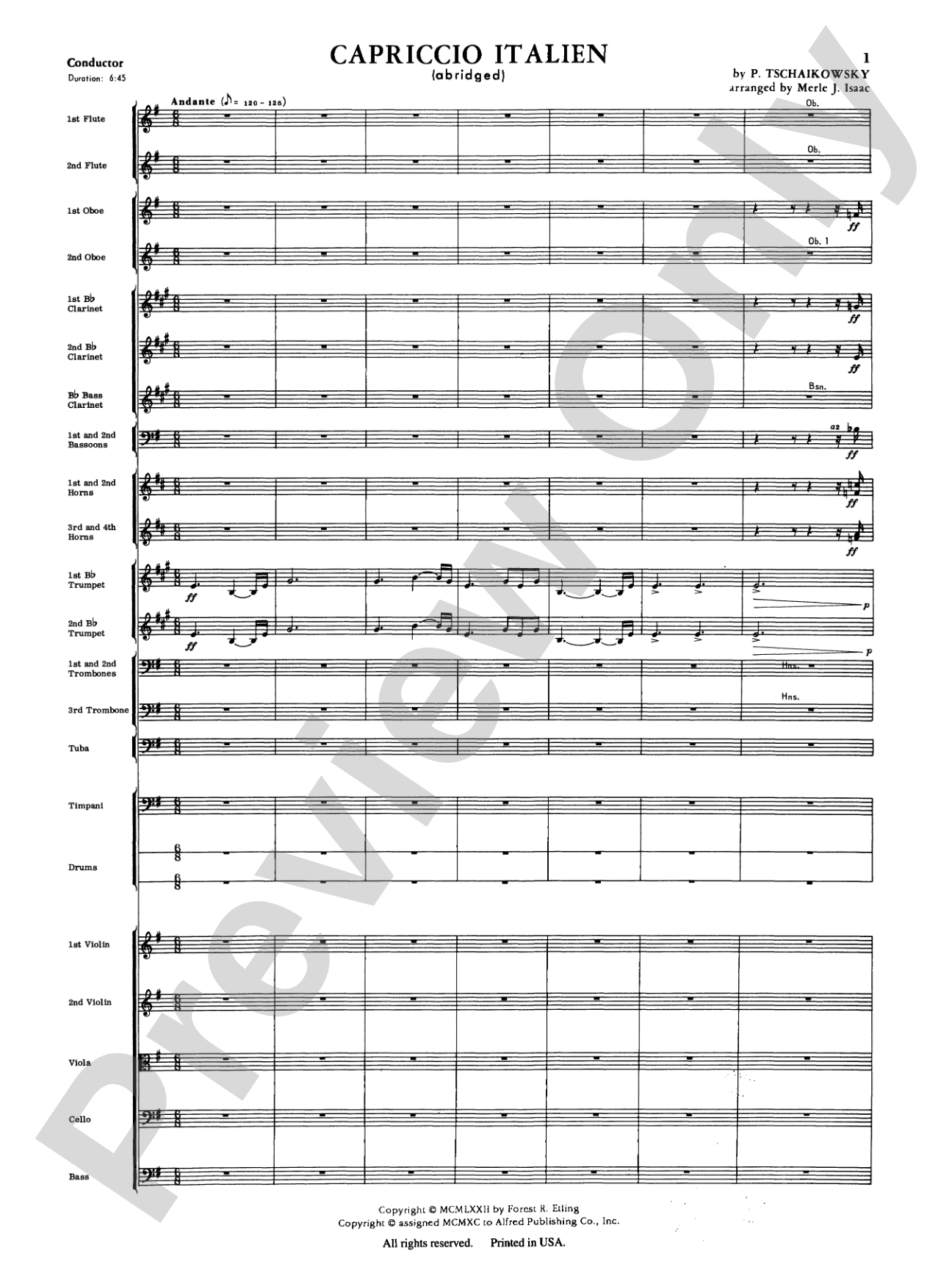 Capriccio Italienne: Full Orchestra Conductor Score & Parts