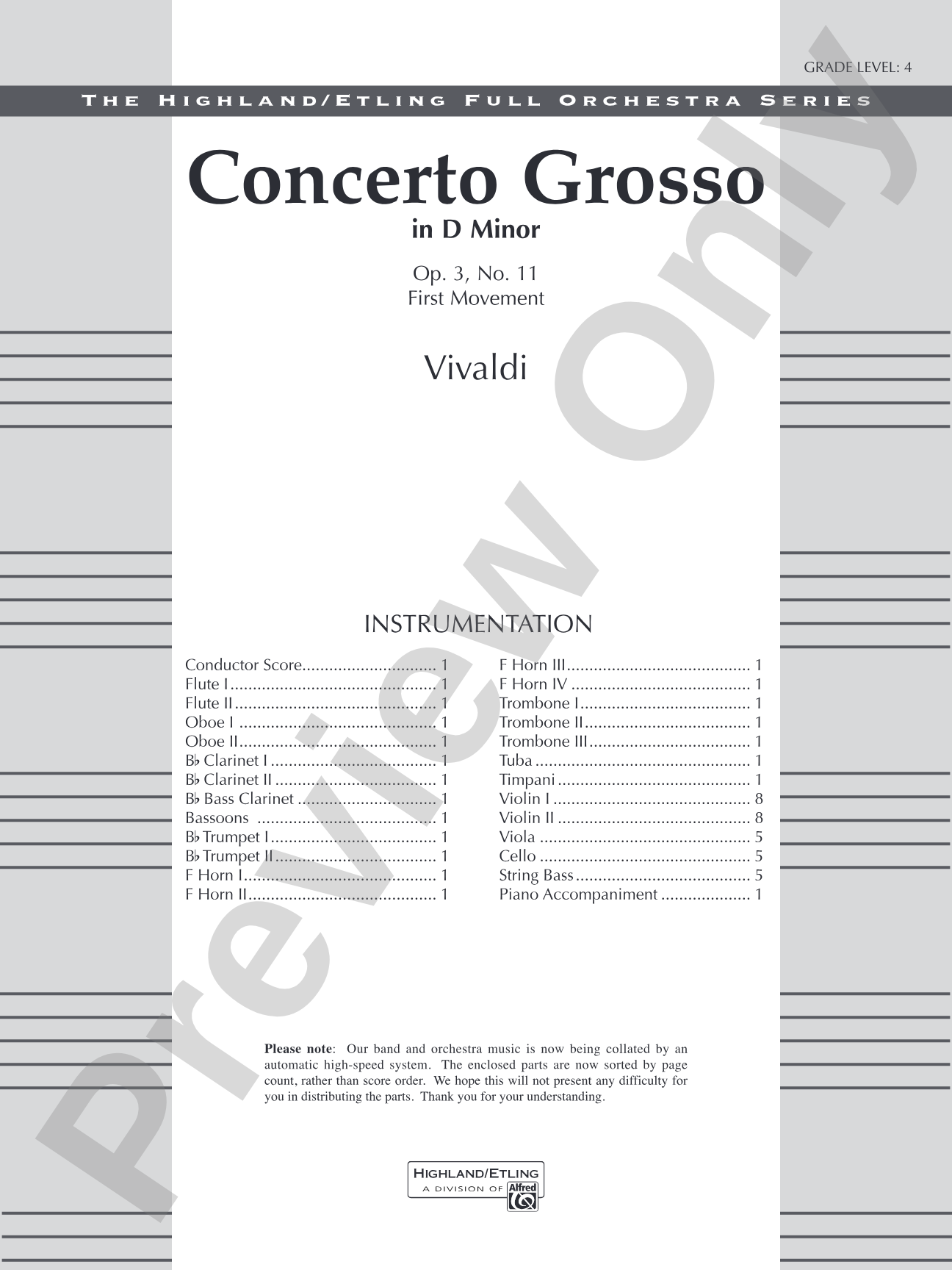 Concerto Grosso in D Minor: Full Orchestra Conductor Score & Parts