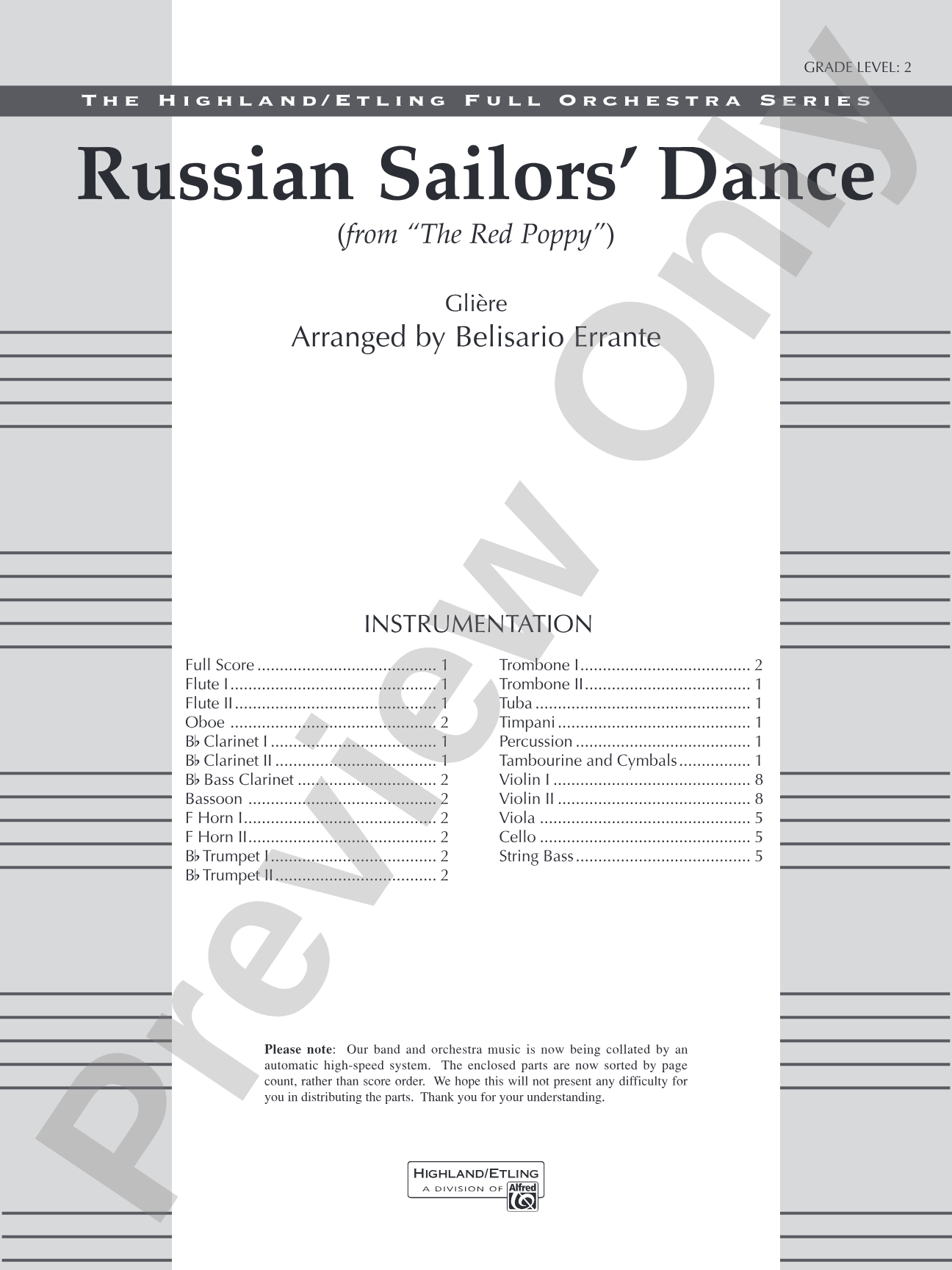 Russian Sailors' Dance: Full Orchestra Conductor Score & Parts