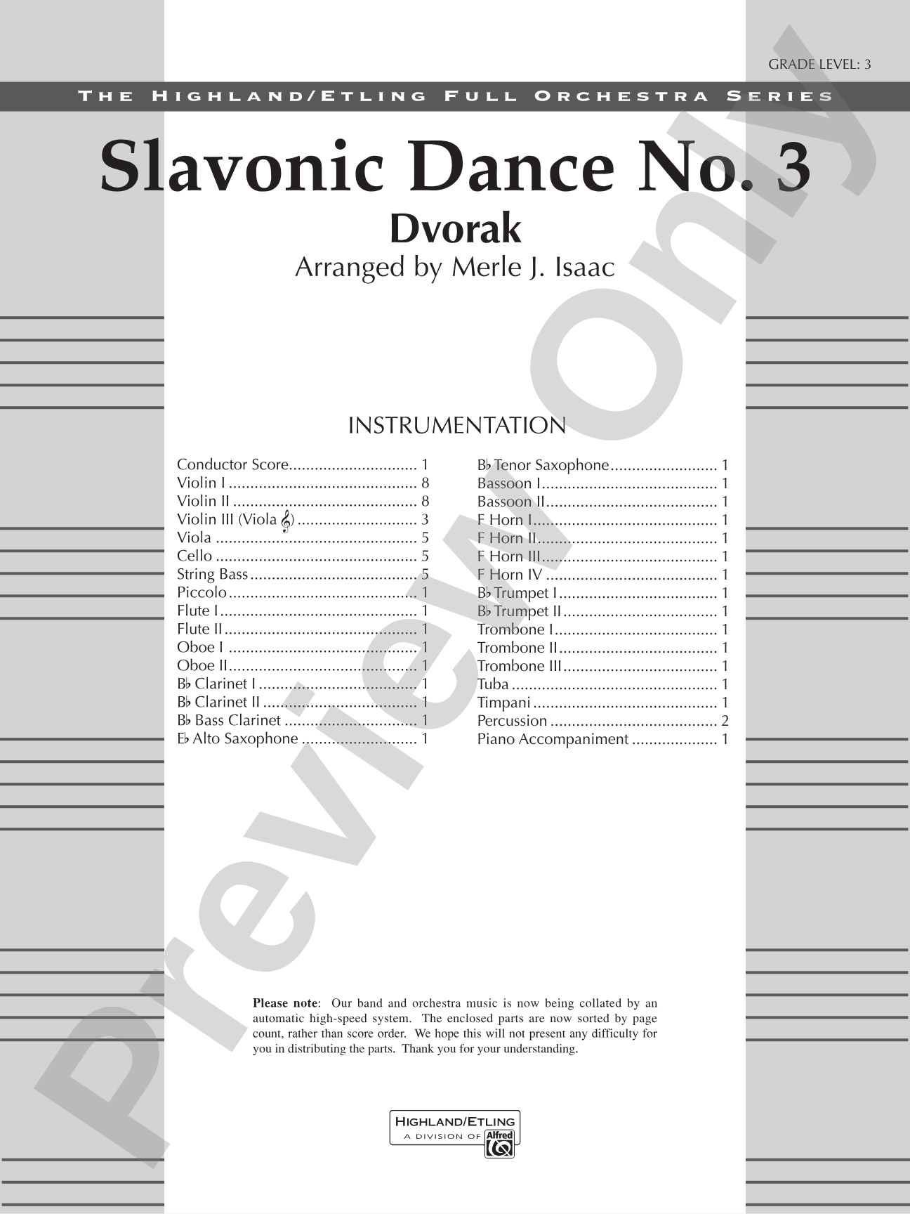 Slavonic Dance No. 3: Full Orchestra Conductor Score & Parts