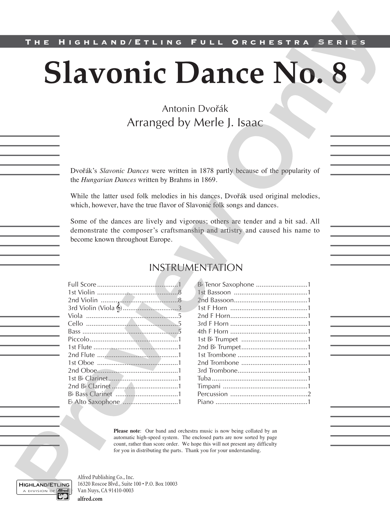 Slavonic Dance No. 8: Full Orchestra Conductor Score & Parts