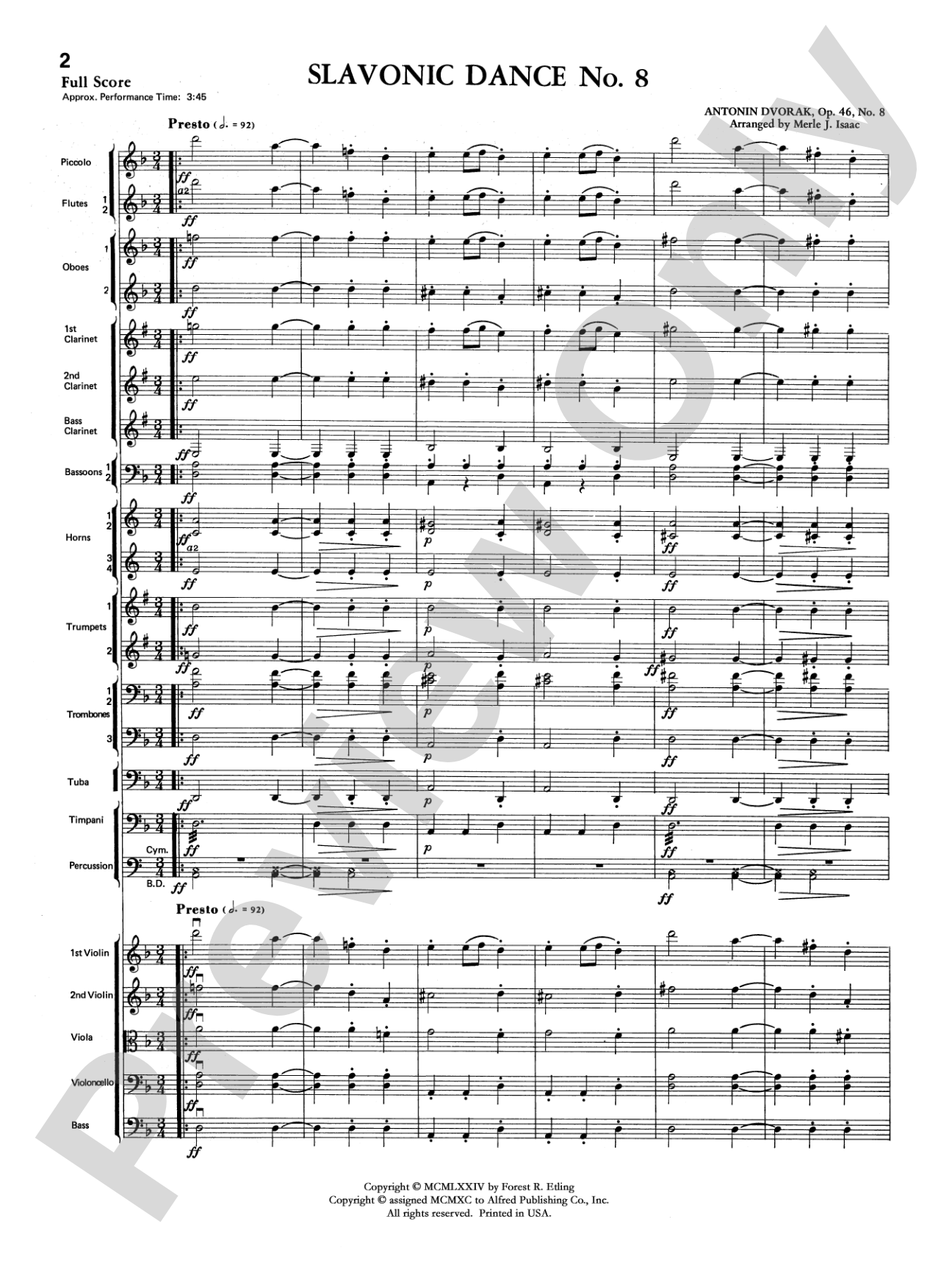 Slavonic Dance No. 8: Full Orchestra Conductor Score & Parts