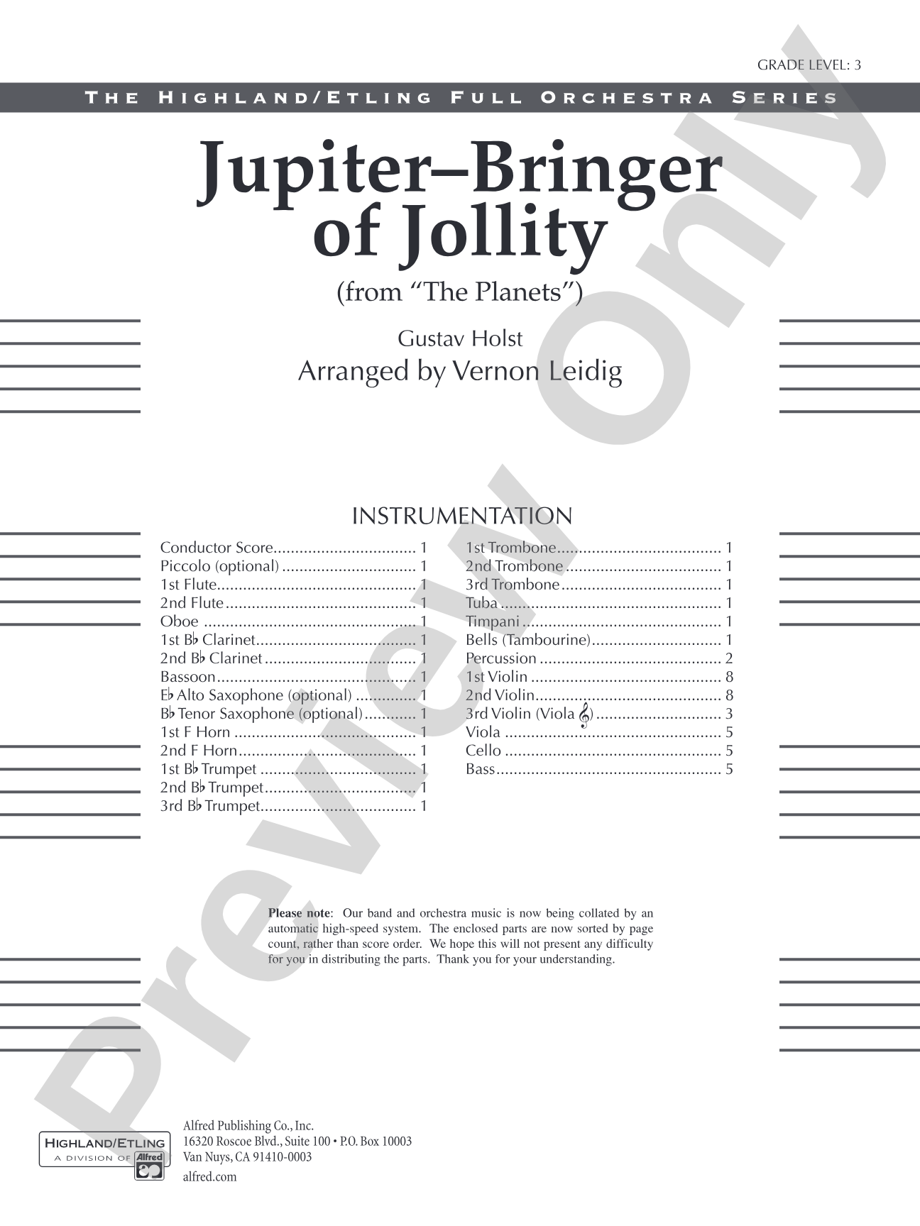 Jupiter (Bringer of Jollity): Full Orchestra Conductor Score & Parts