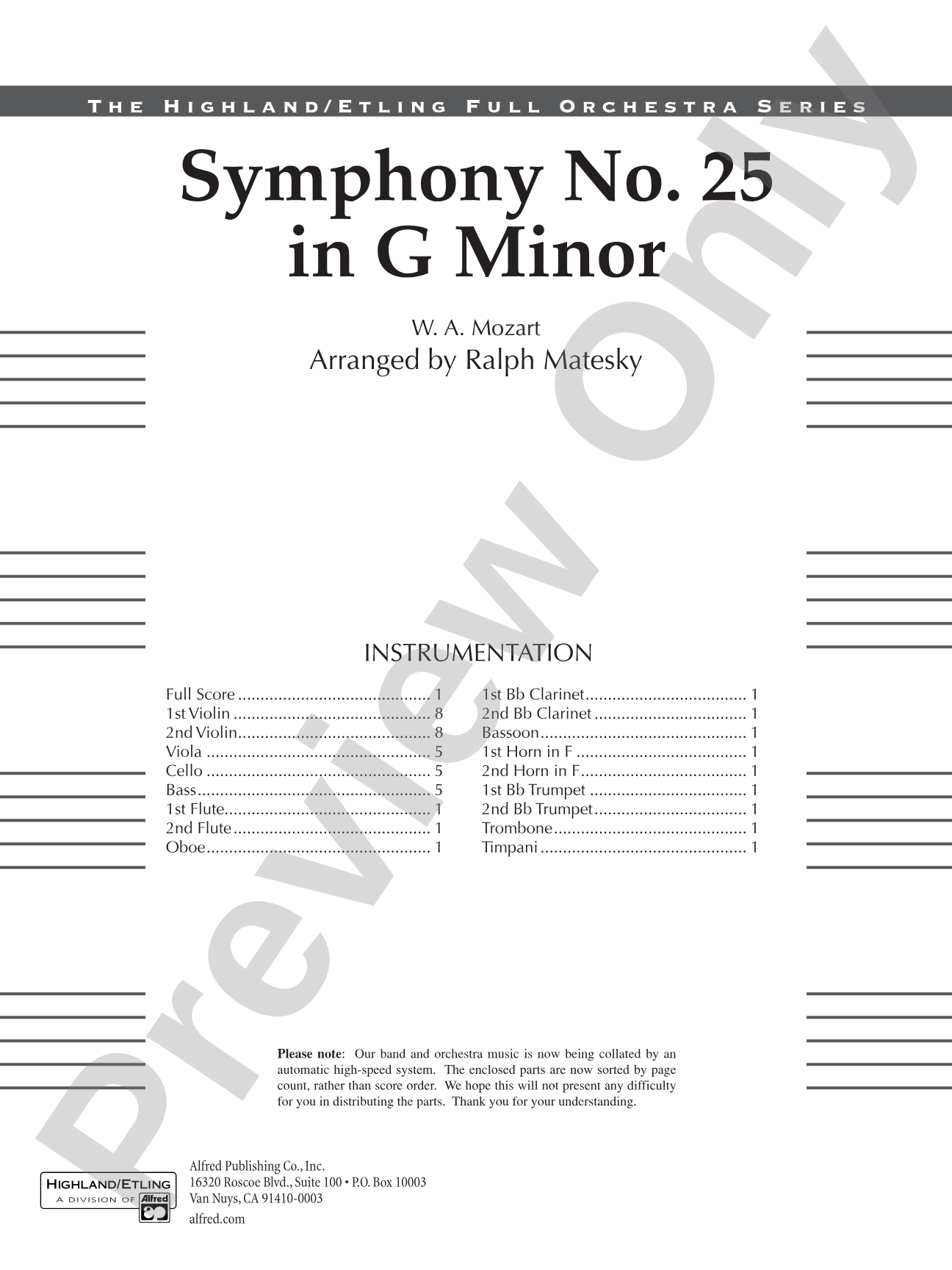 Mozart's Symphony No. 25 in G Minor, 3rd & 4th Movements: Full Orchestra Conductor Score & Parts