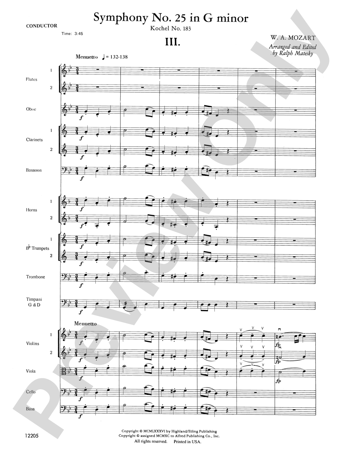 Mozart's Symphony No. 25 in G Minor, 3rd & 4th Movements: Full Orchestra Conductor Score & Parts