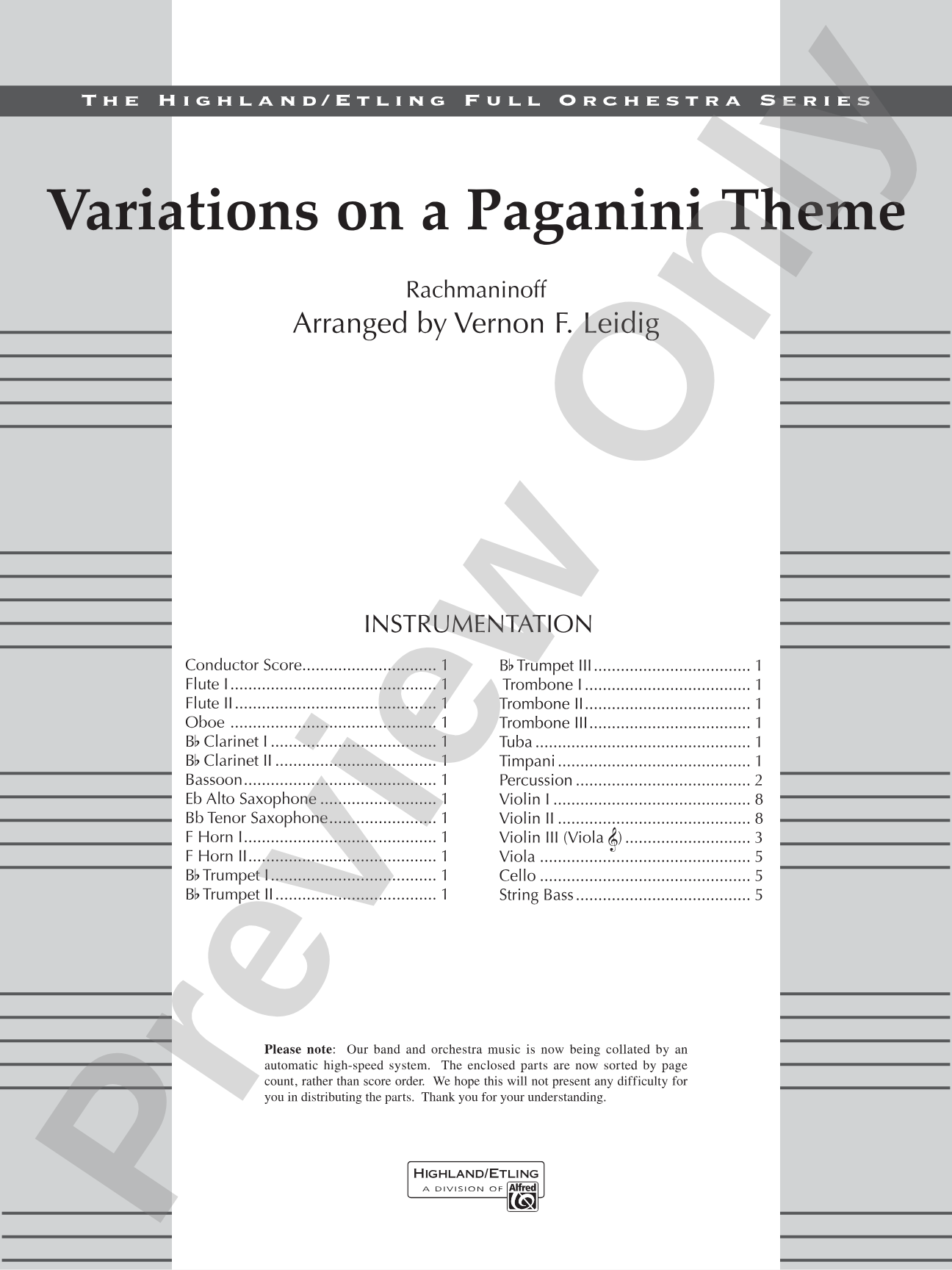 Variations on a Paganini Theme: Full Orchestra Conductor Score & Parts