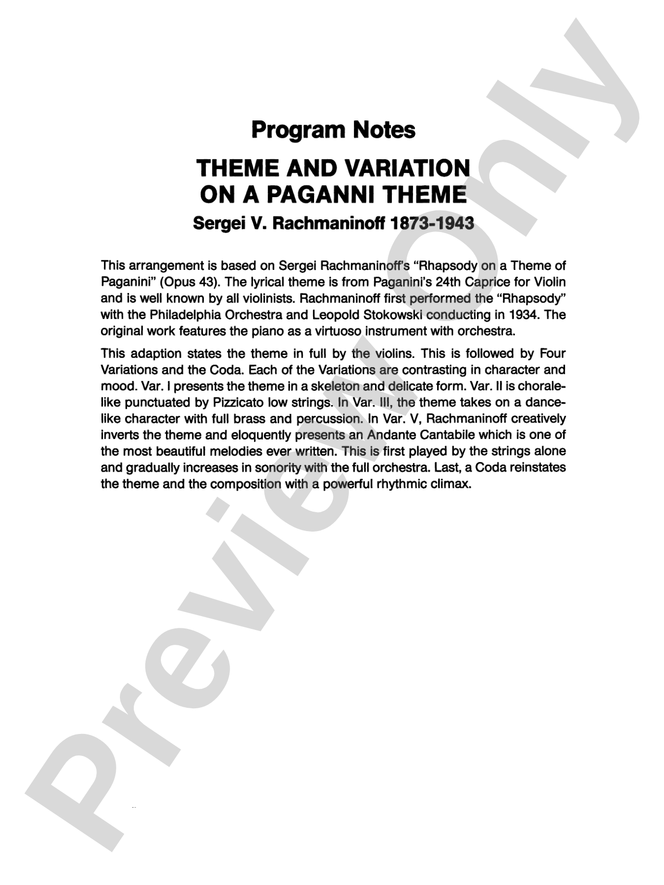 Variations on a Paganini Theme: Full Orchestra Conductor Score & Parts