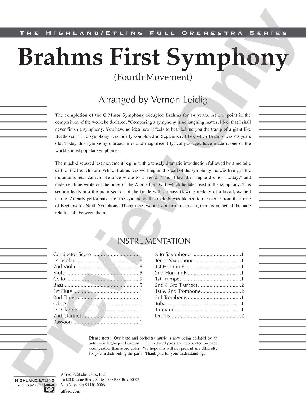 Brahms's 1st Symphony, 4th Movement: Full Orchestra Conductor Score & Parts