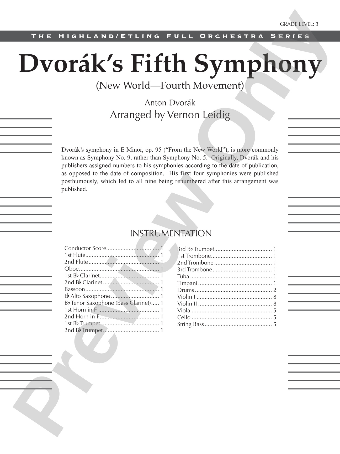 Dvorák's 5th Symphony ("New World," 4th Movement): Full Orchestra Conductor Score & Parts