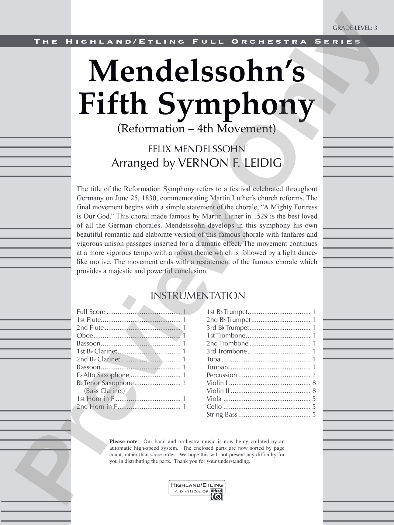 Mendelssohn's 5th Symphony "Reformation," 4th Movement: Full Orchestra Conductor Score & Parts