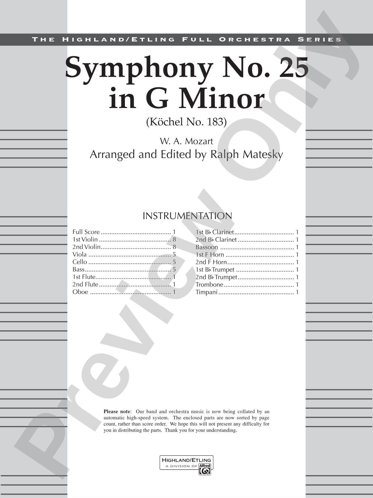 Mozart's Symphony No. 25 in G Minor, 1st & 2nd Movements: Full Orchestra Conductor Score & Parts