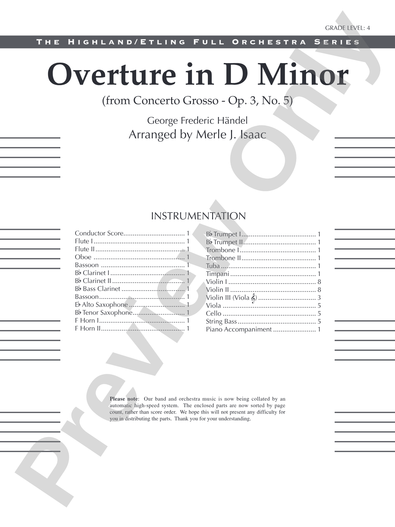Overture in D minor (Concerto Grosso): Full Orchestra Conductor Score & Parts