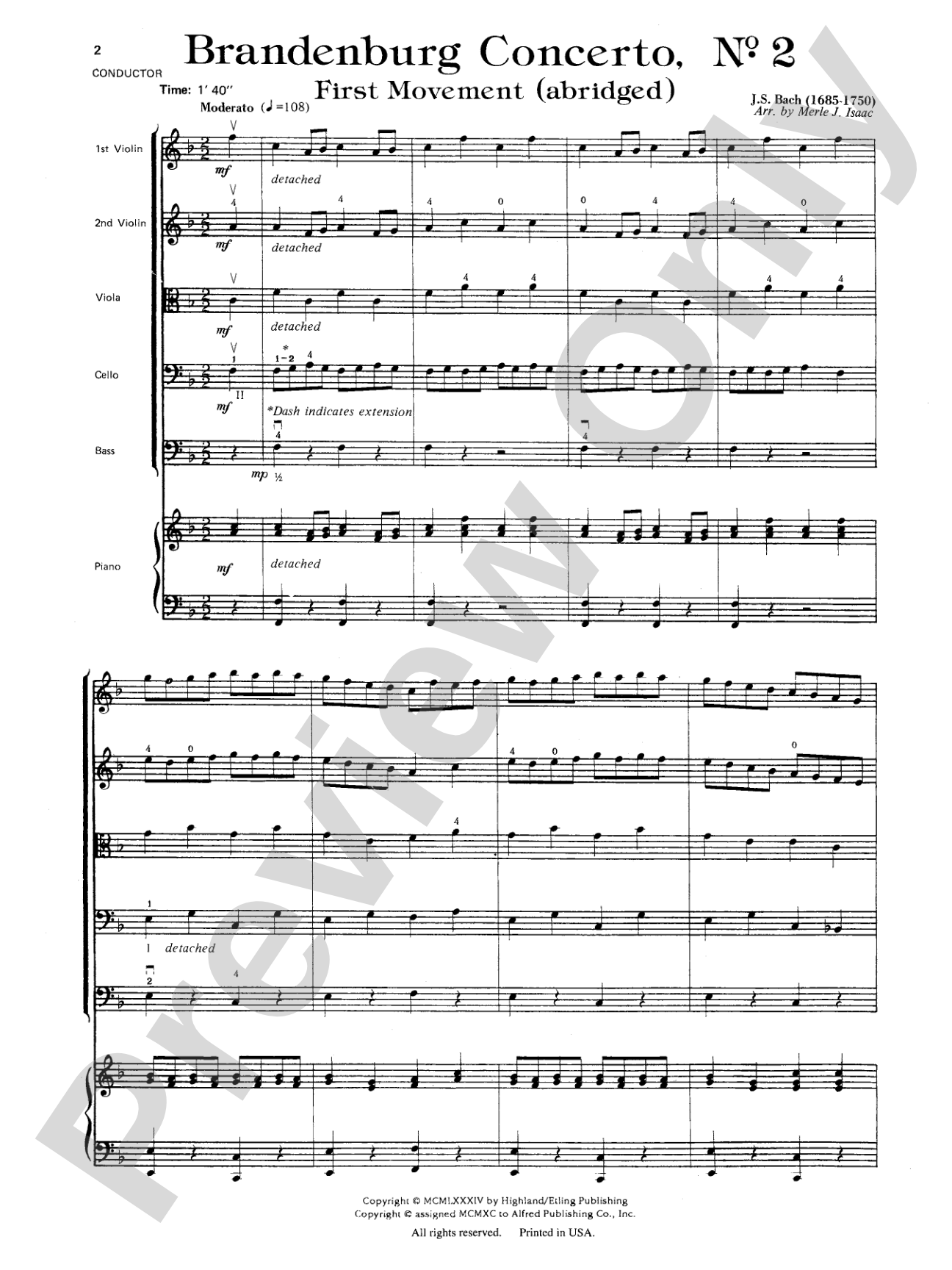 Brandenburg Concerto No. 2: String Orchestra Conductor Score & Parts