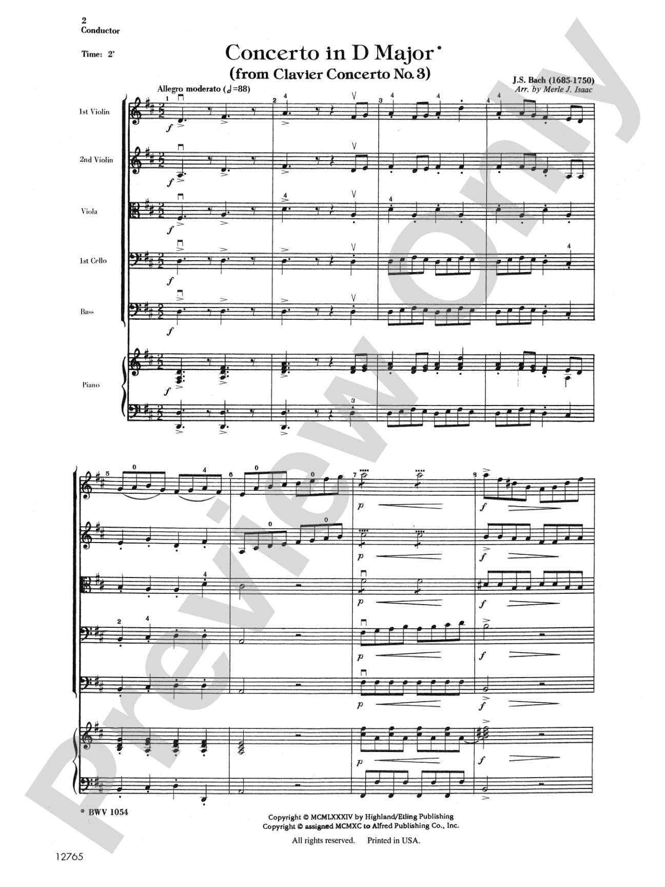 Concerto in D Major (from Clavier Concerto No. 3): String Orchestra Conductor Score & Parts