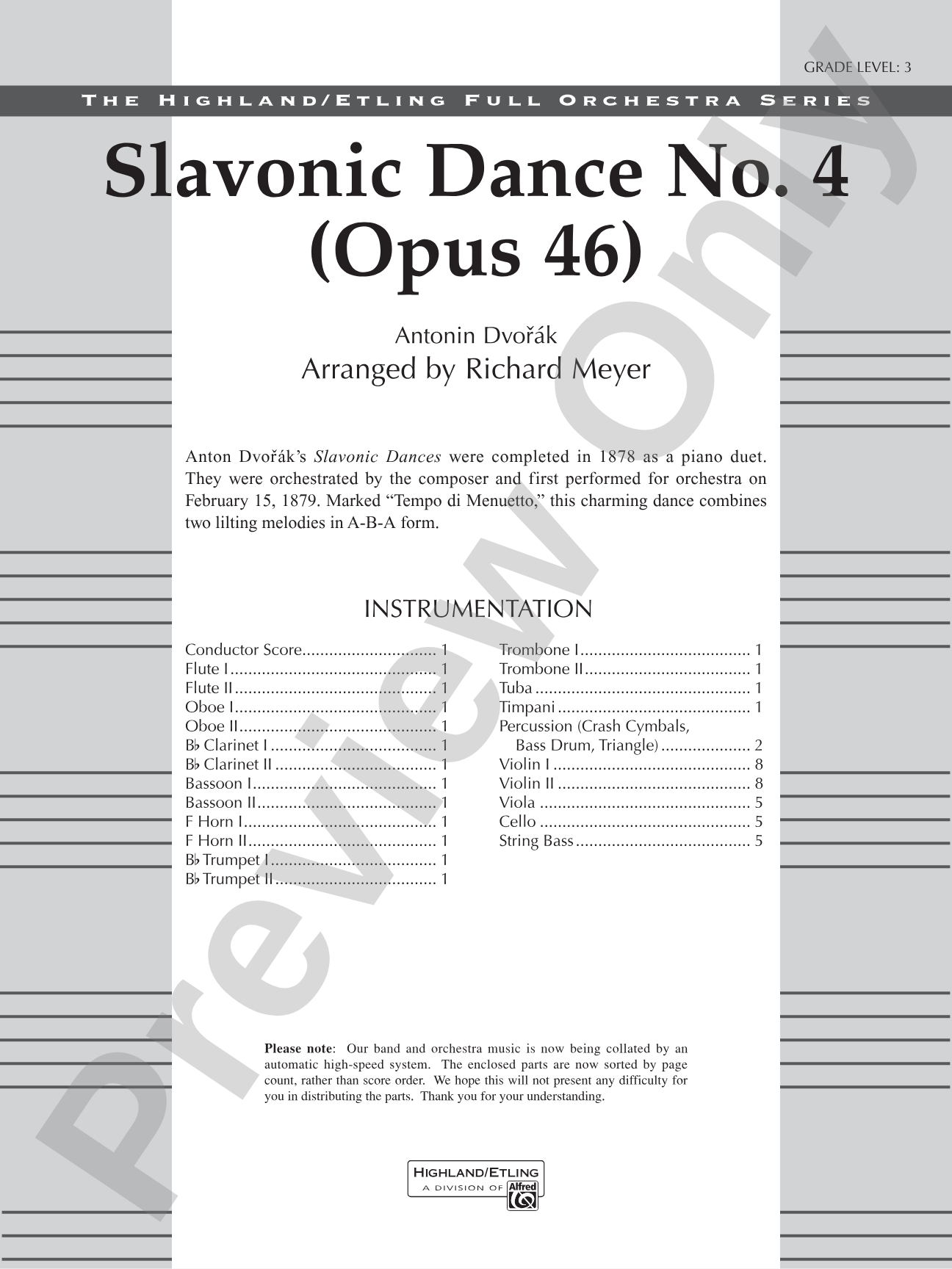 Slavonic Dance No. 4 (Op. 46): Full Orchestra Conductor Score & Parts