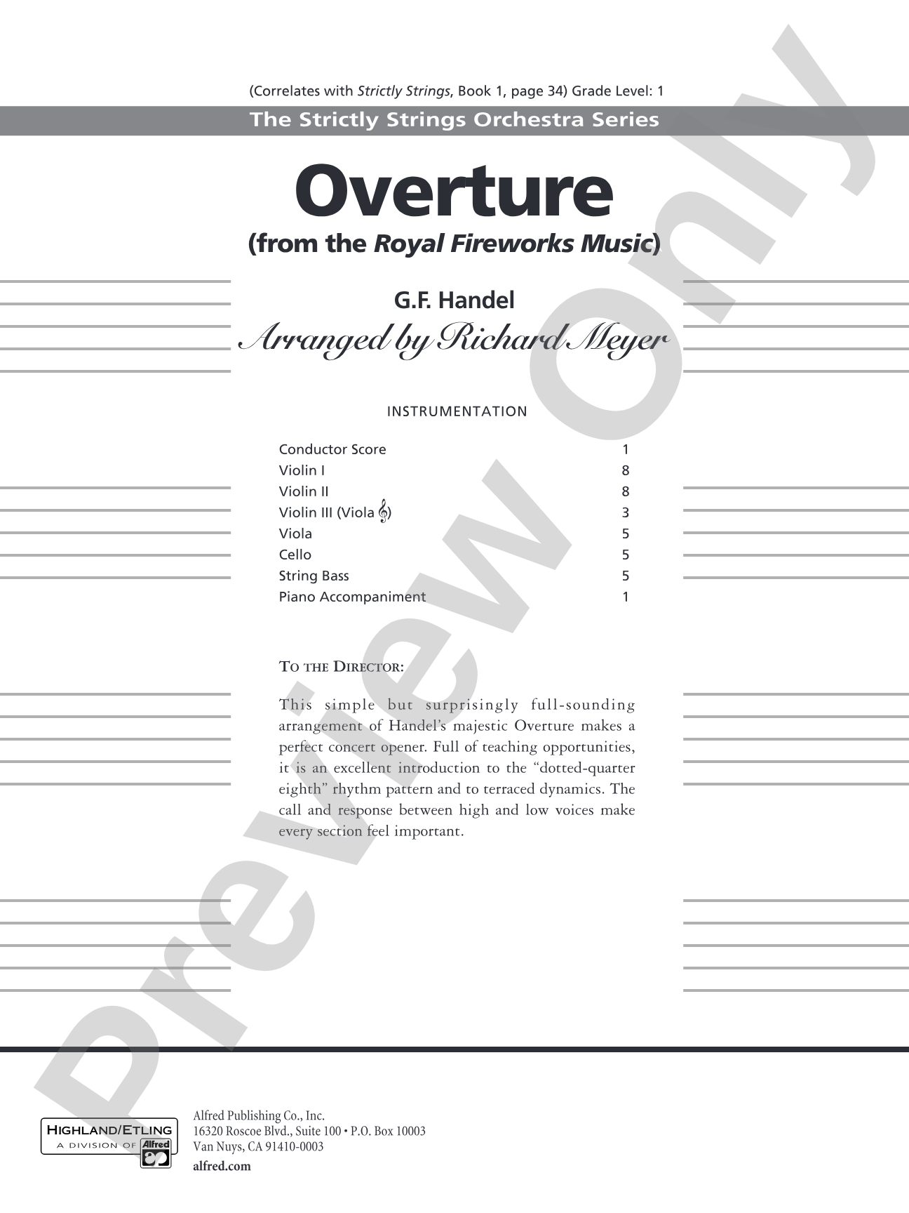 Overture from the "Royal Fireworks Music": String Orchestra Conductor Score & Parts