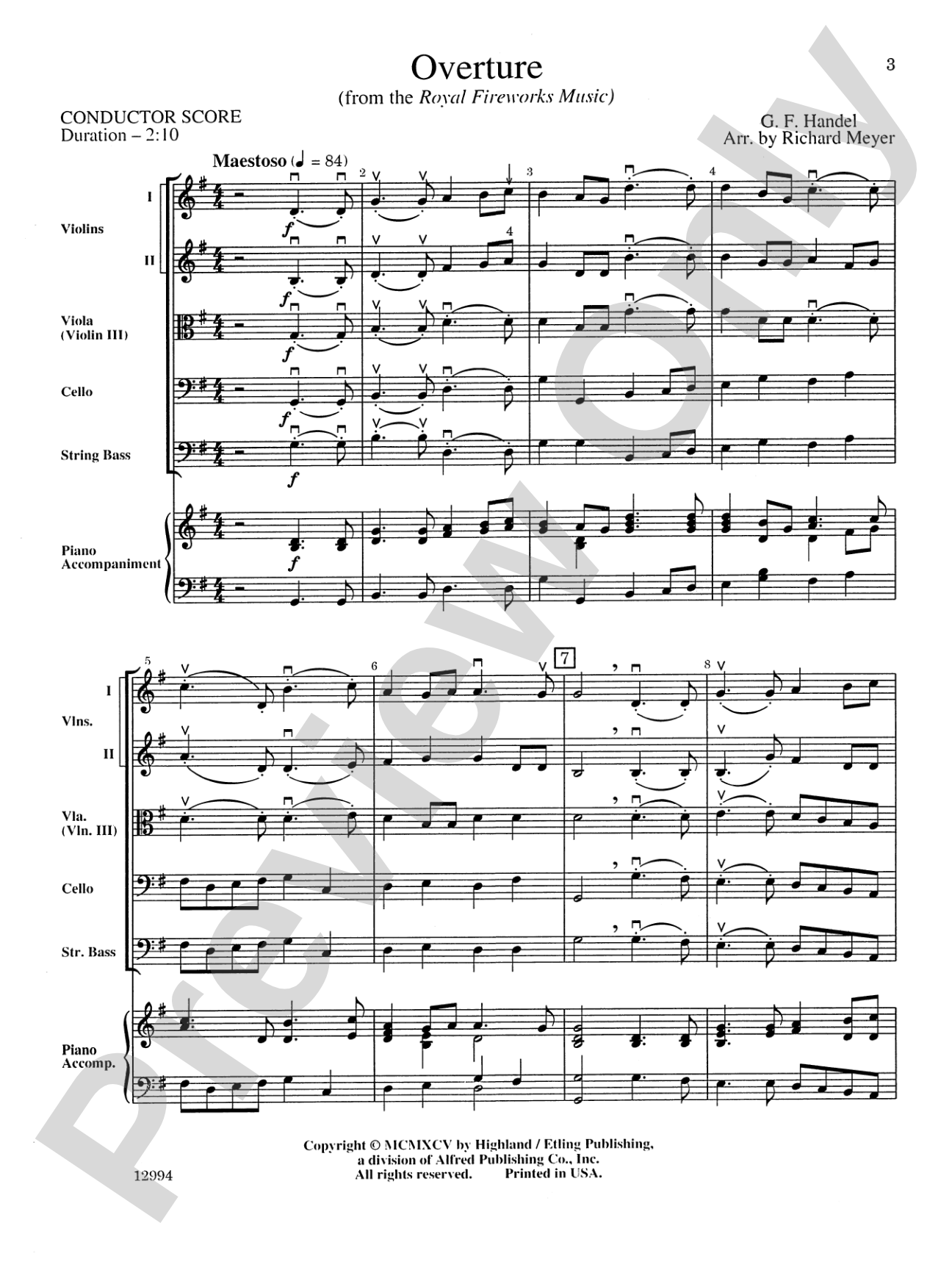 Overture from the "Royal Fireworks Music": String Orchestra Conductor Score & Parts